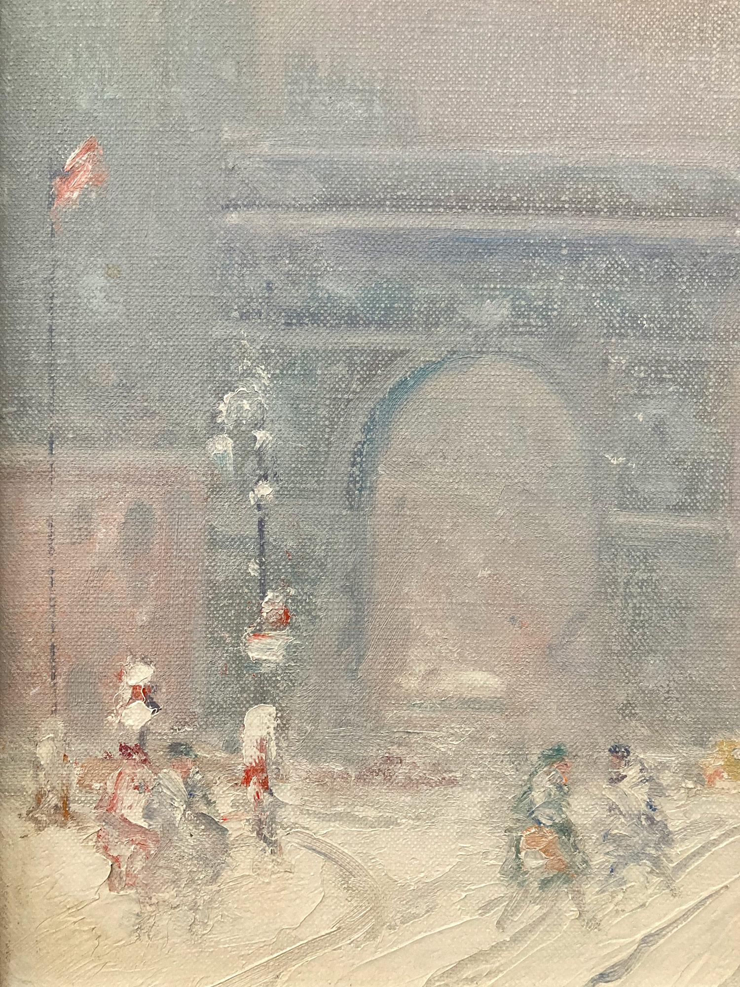 Impressionistische Winterstraßensszene, Öl auf Leinwand,Washington Square Park in Schnee im Angebot 1