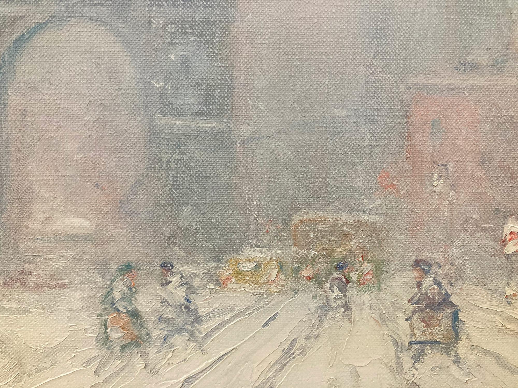 Impressionistische Winterstraßensszene, Öl auf Leinwand,Washington Square Park in Schnee im Angebot 2