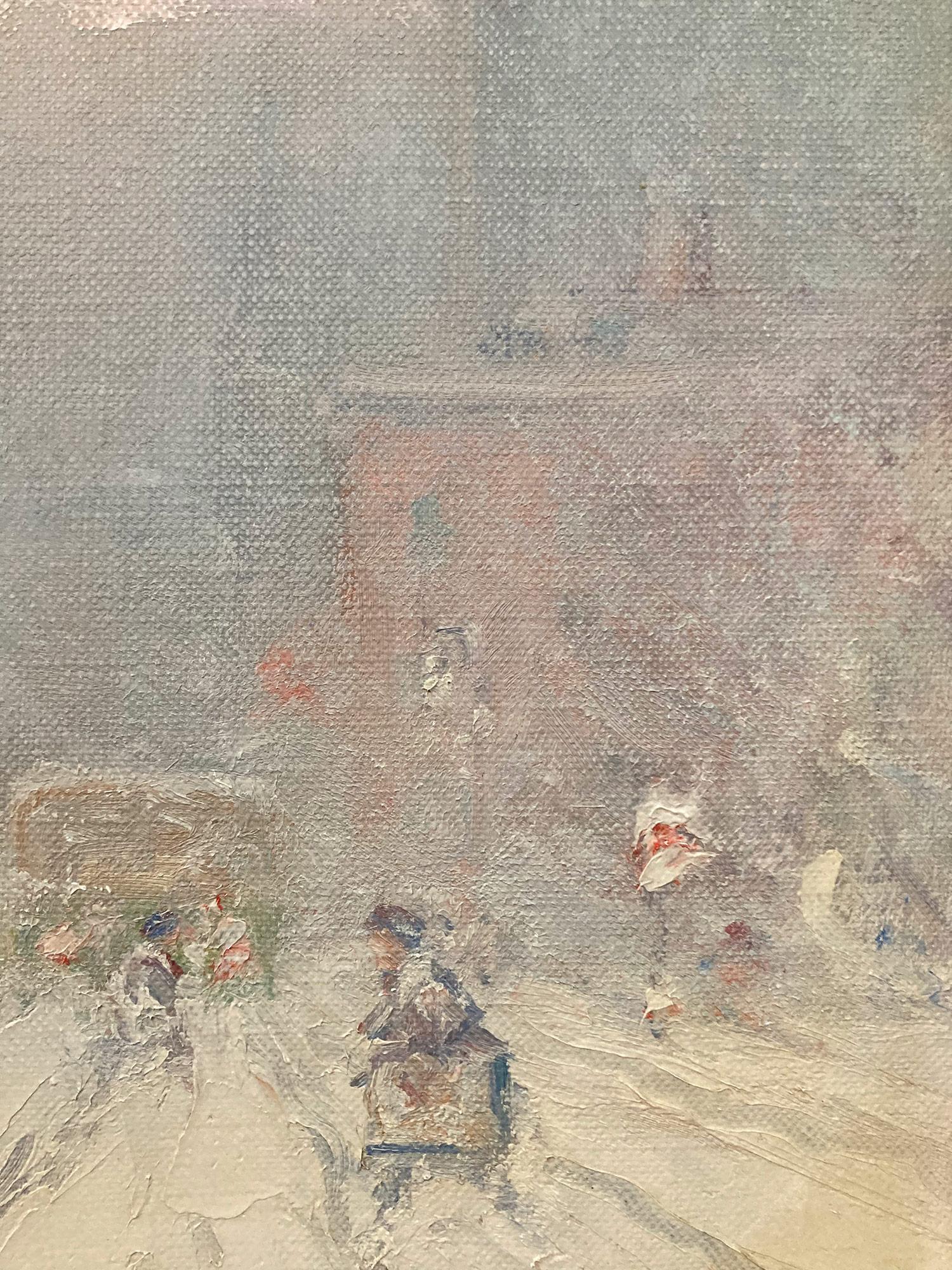 Impressionistische Winterstraßensszene, Öl auf Leinwand,Washington Square Park in Schnee im Angebot 3