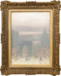 "Washington Square Park in Snow" Impressionist Winter Street Scene Oil on Canvas