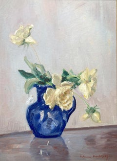 "White Roses in Blue Vase" Still Life Impressionist Oil Painting on Canvas Board