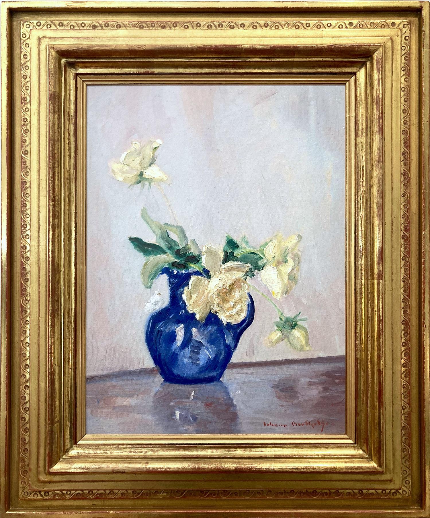"White Roses in Blue Vase" Still Life Impressionist Oil Painting on Canvas Board