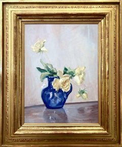"White Roses in Blue Vase" Still Life Impressionist Oil Painting on Canvas Board