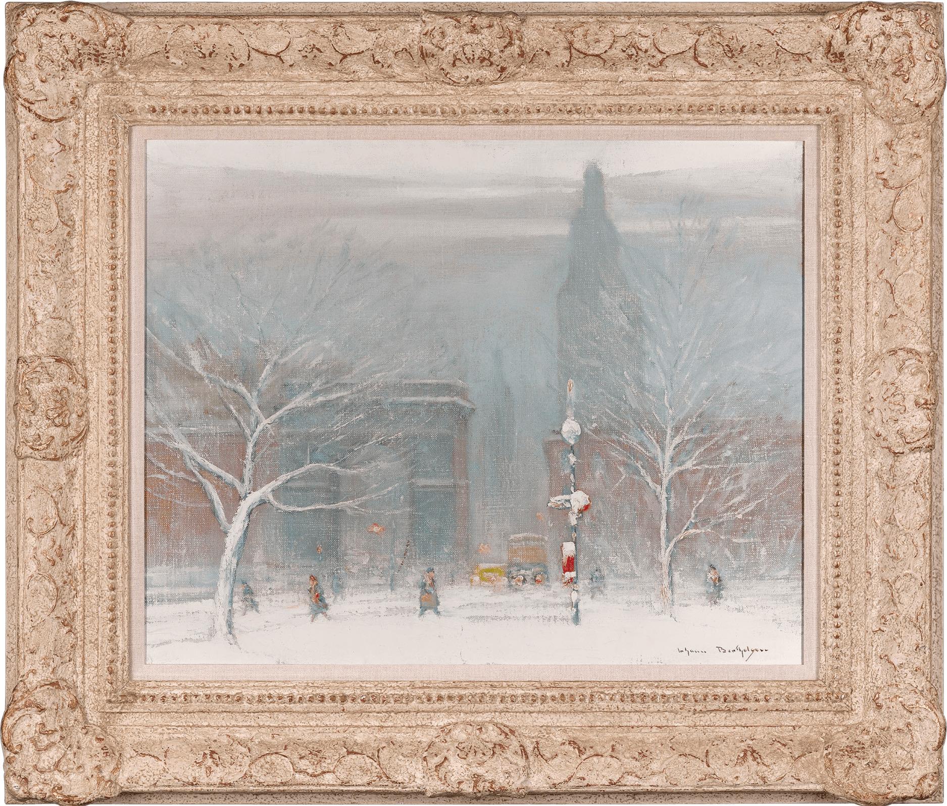 Winter in Washington Square, New York - Painting by Johann Berthelsen