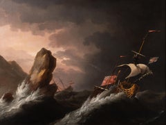 A British Man O’War in distress on a rocky coast in a storm