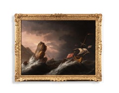 A British Man O’War in distress on a rocky coast in a storm