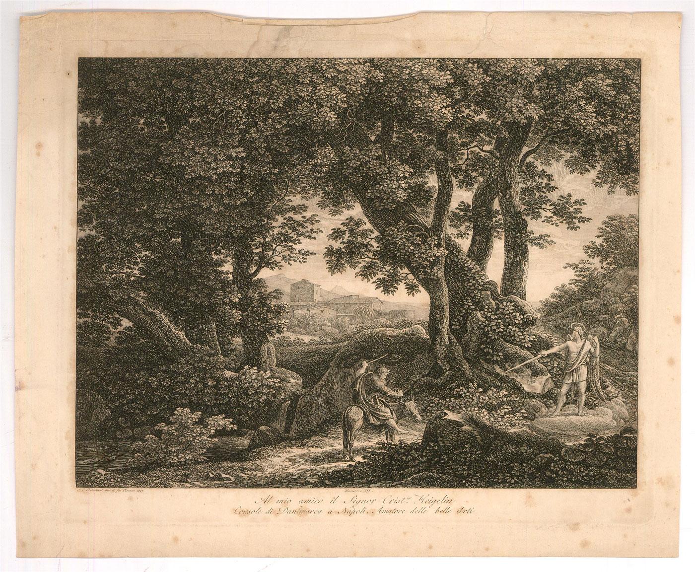 A fine early 19th Century engraving, showing the Biblical scene of Balaam's Donkey. The artist has inscribed their name and date in plate at the lower edge, along with an inscription in Italian with the artist's dedication. On wove.
