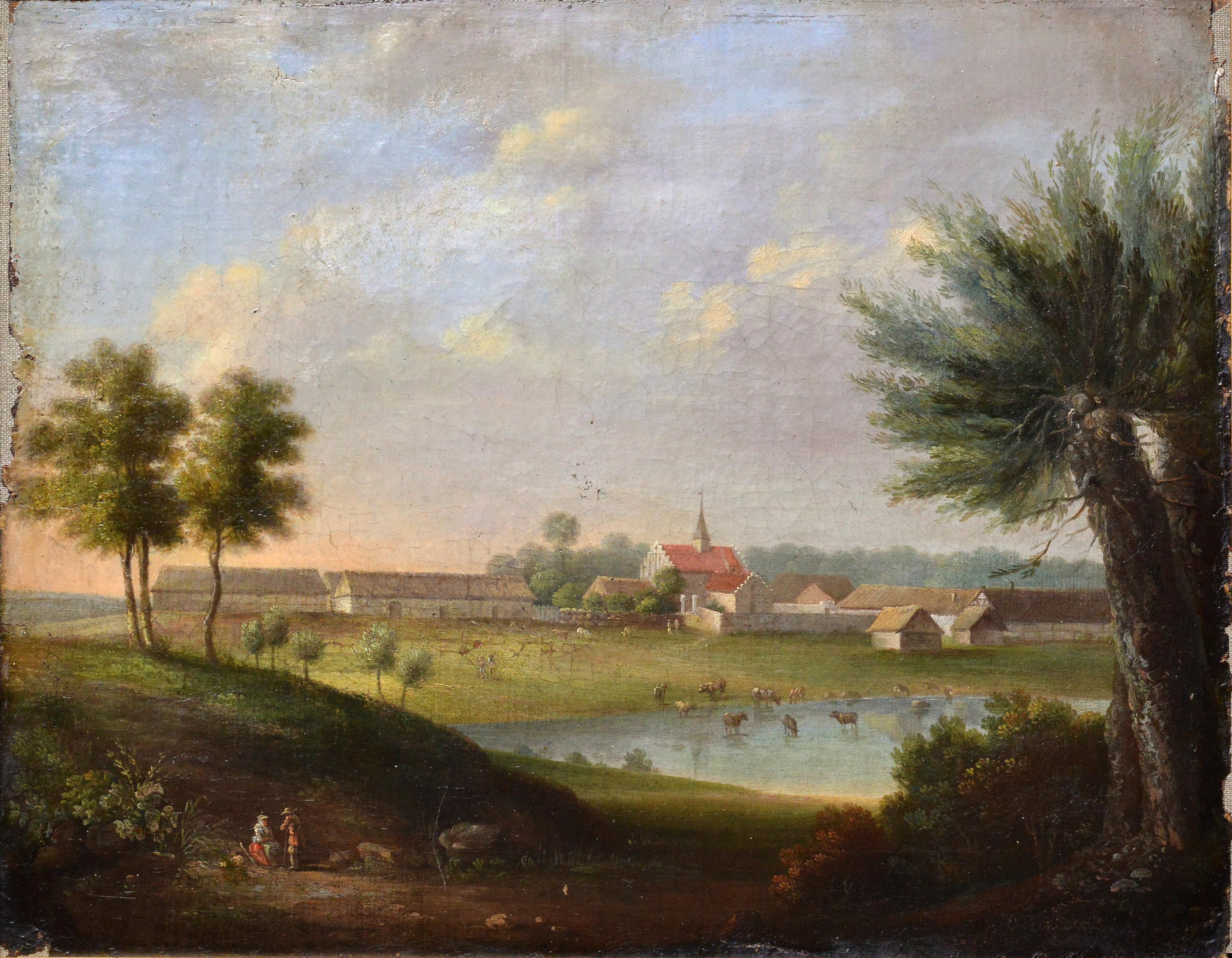 German Baroque landscape Settlement near lake 18th century Oil painting Signed - Painting by Johann Christian Vollerdt