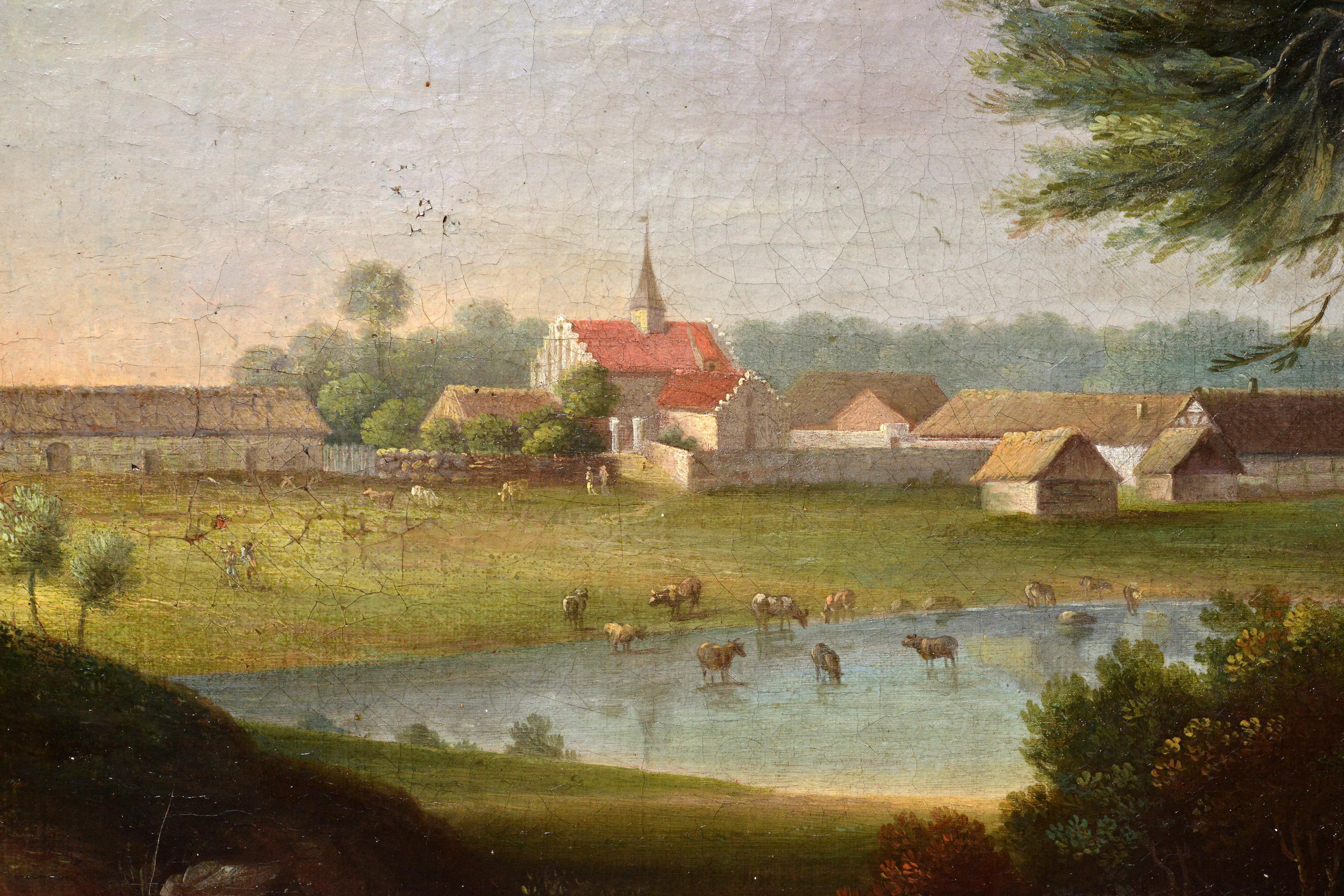 German Baroque landscape Settlement near lake 18th century Oil painting Signed - Realist Painting by Johann Christian Vollerdt