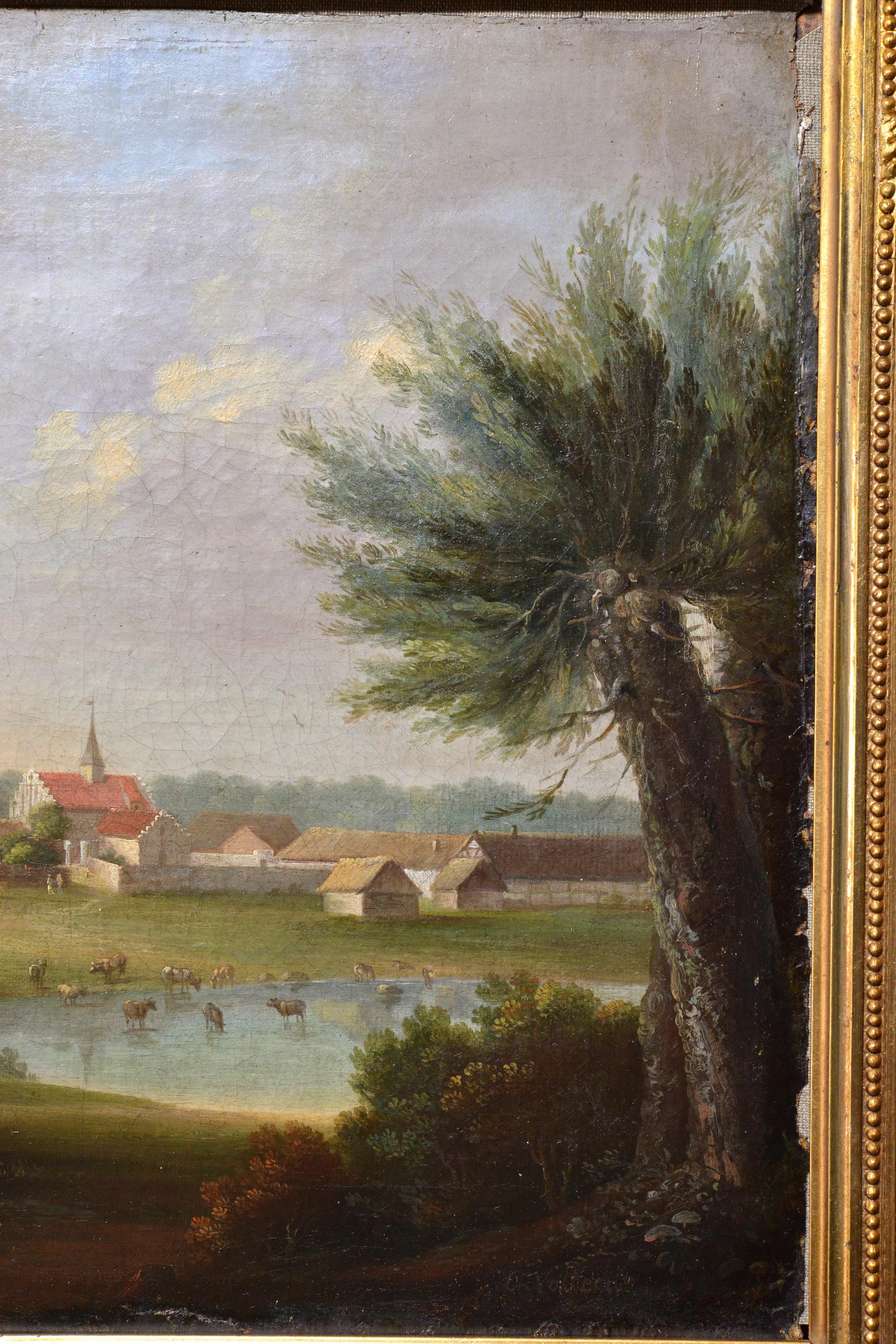German Baroque landscape Settlement near lake 18th century Oil painting Signed - Brown Landscape Painting by Johann Christian Vollerdt