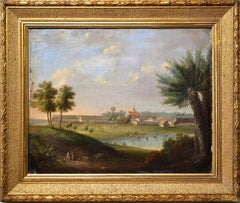 German Baroque landscape Settlement near lake 18th century Oil painting Signed