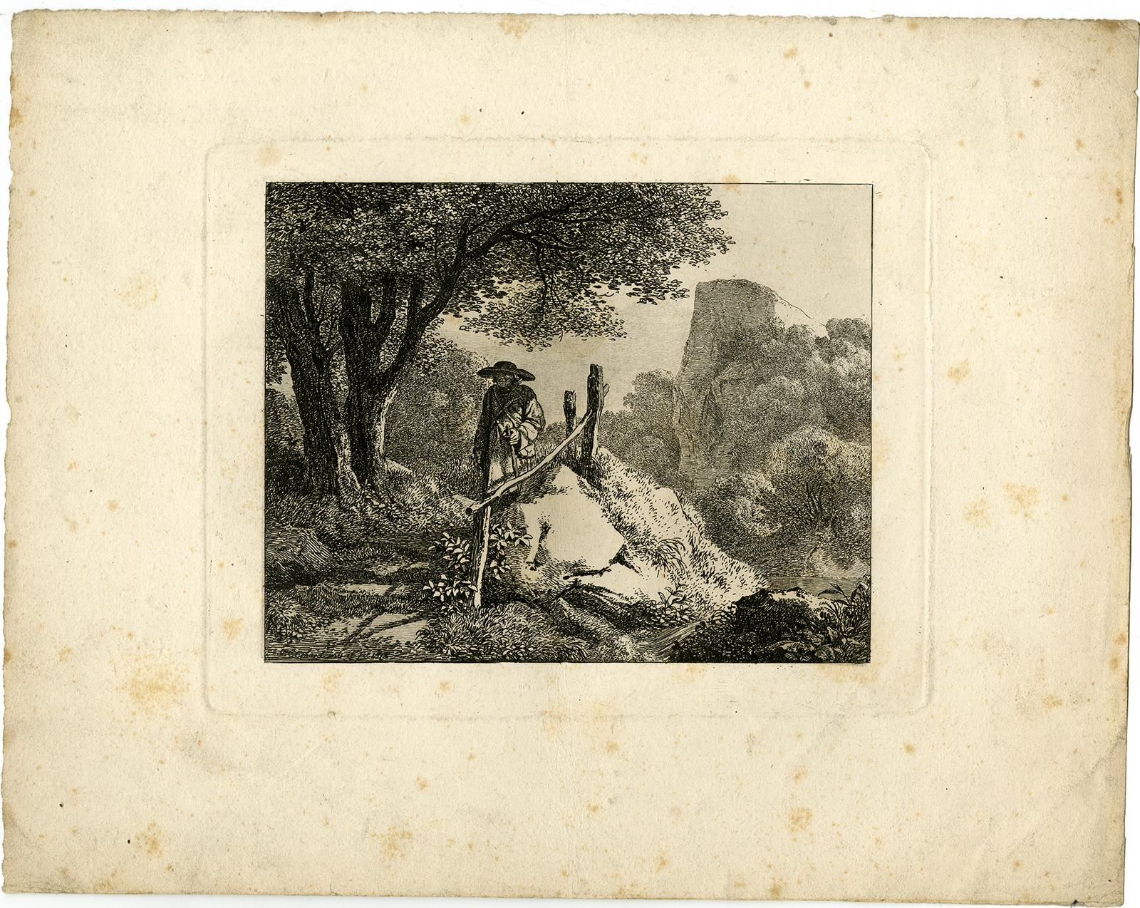 Subject:  Antique Master Print, untitled.  - Landscape with a man walking down a fenced path.

Description:  From a set of views around Salzburg. Ref: Apell ?.

Artists and Engravers:  Made by 'Johann Christoph Erhard' after own design. Johann