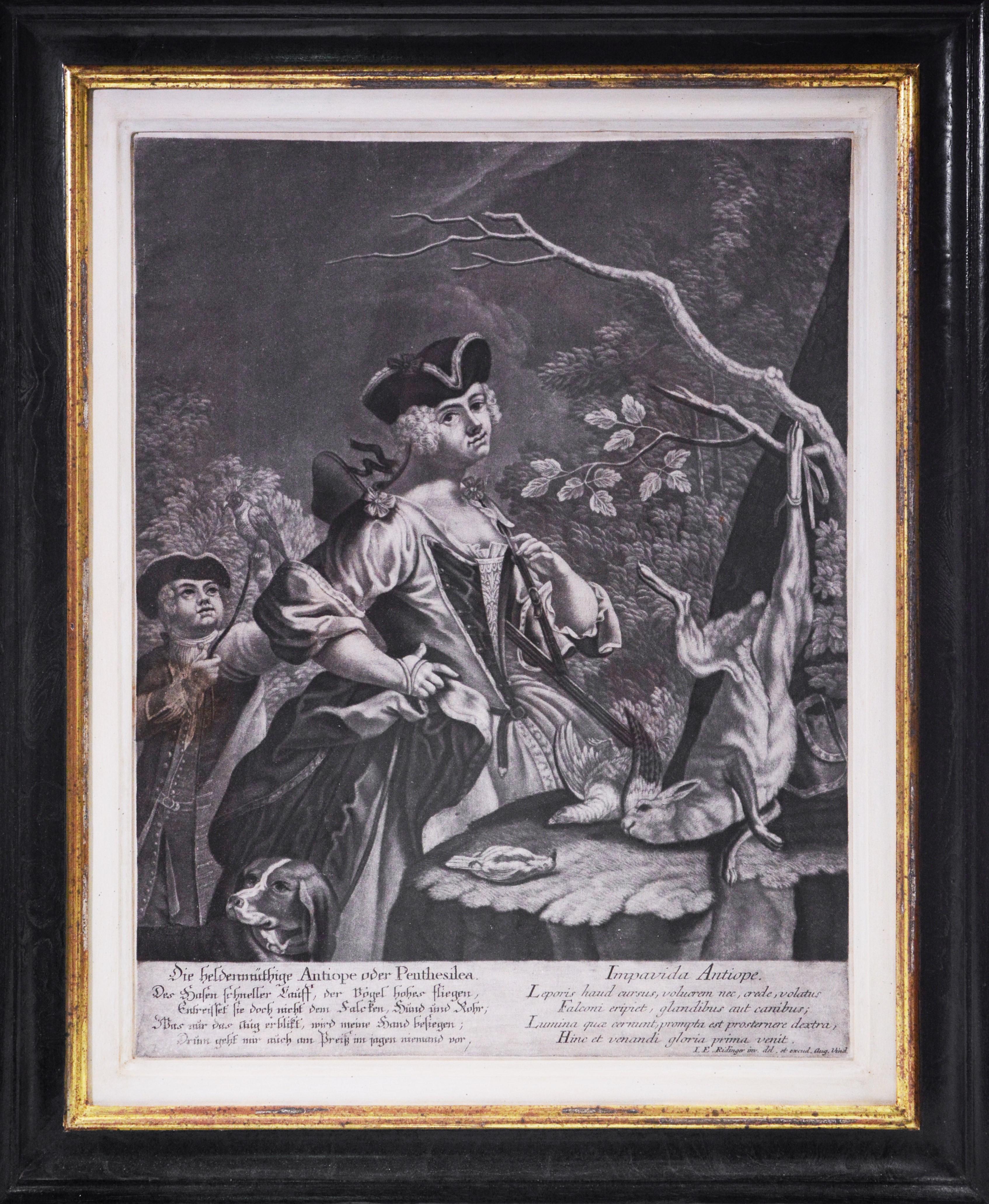 Landscape Print de Johann Elias Ridinger - Grupo de cuatro planchas de caza a la aguada.
