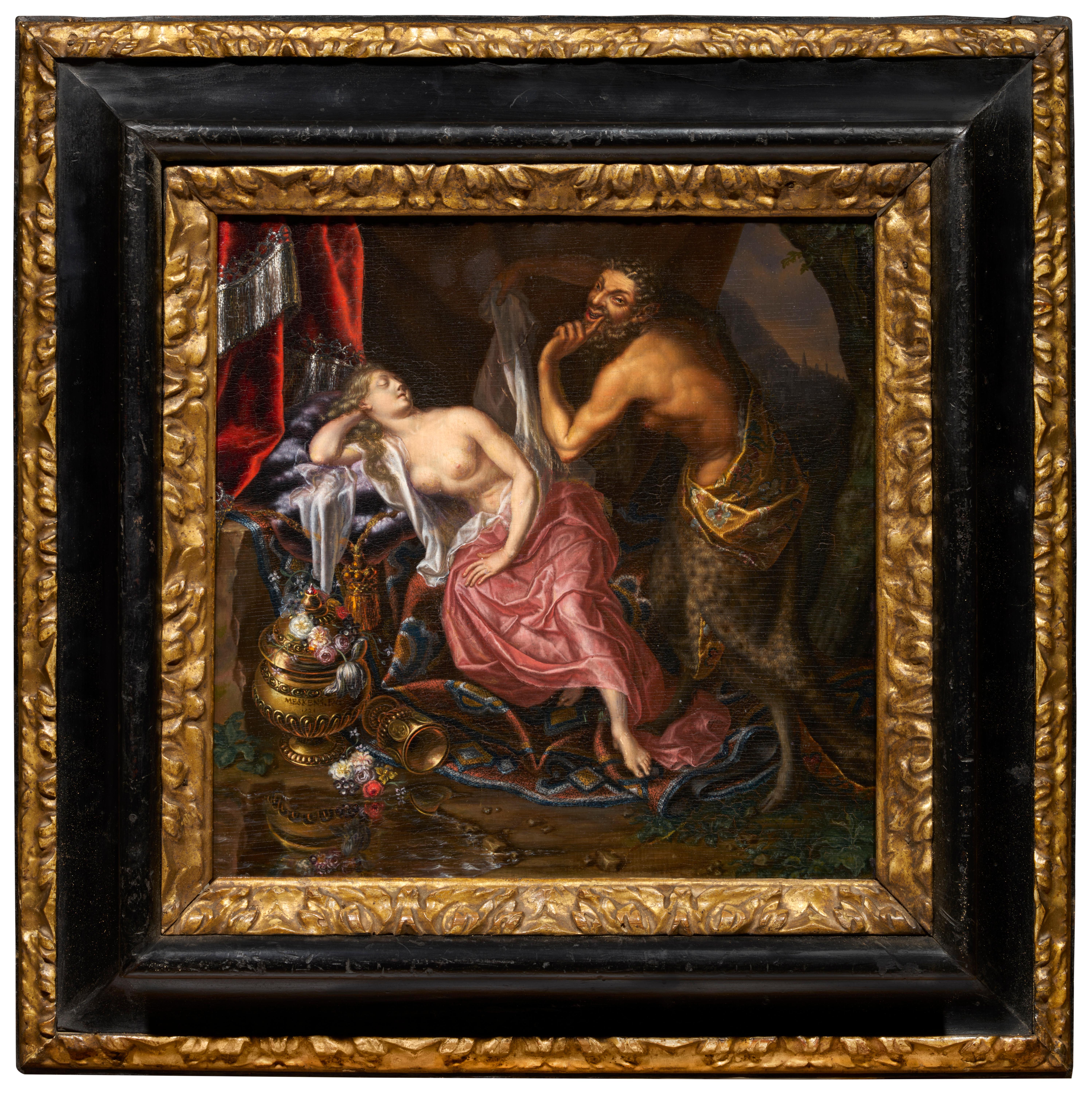 This painting, by Johann Franz Meskens, represents a satyr discovering a sleeping naiad. Behind the mythological alibi, it is easy to see an allegory of male desire, but above all the opportunity to represent a partially naked female body, in deep
