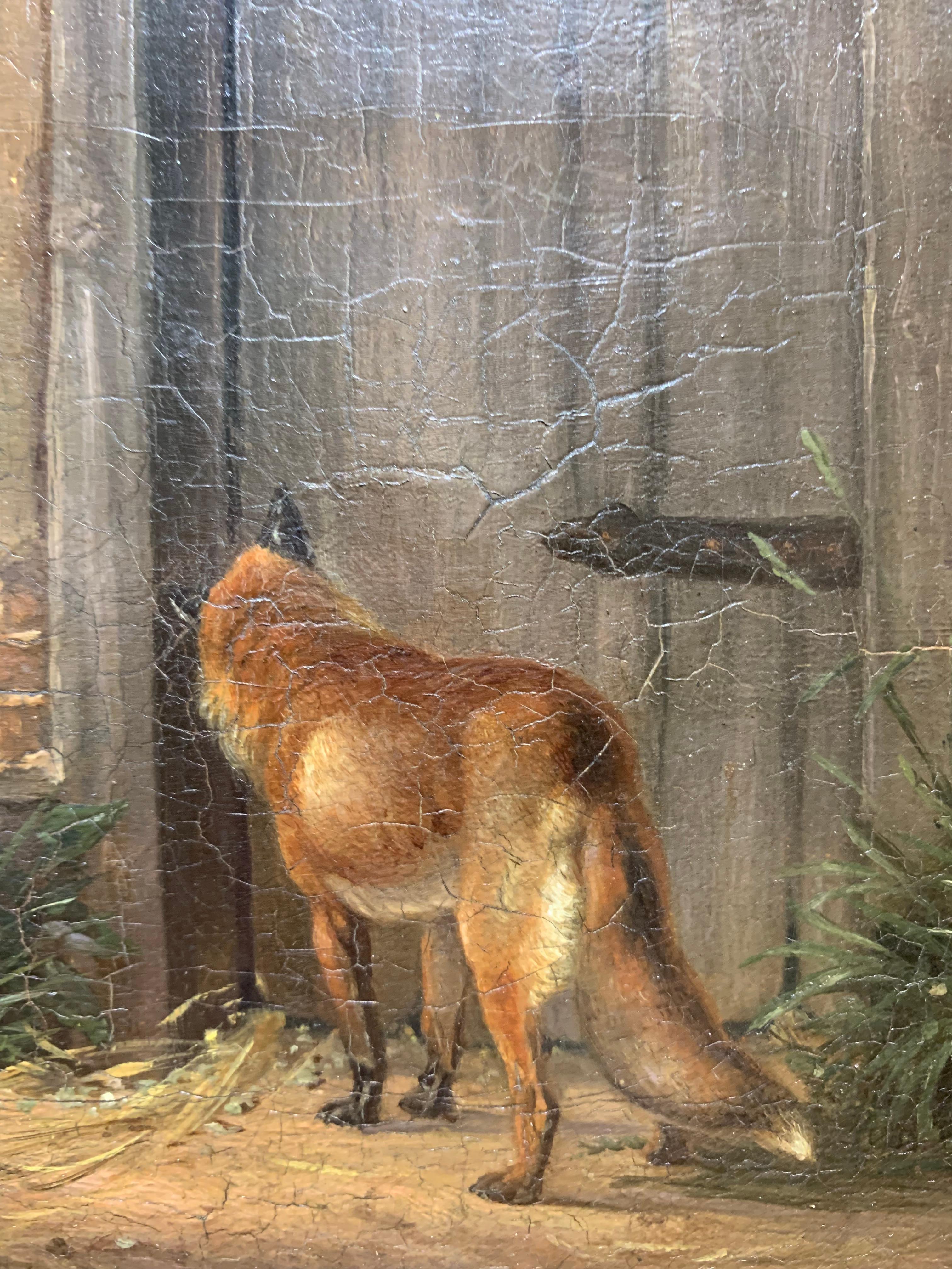 The fox in search of prey.
19thC
Technique: oil on canvas.
Some cracking of paint, typical of 19th-century painting, is present.
Painting depicts animal, focused on searching the chicken coop, stretching its neck and head driven by predator