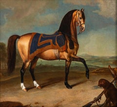 A saddled officer's Arabian horse with a hound and gun, in a landscape