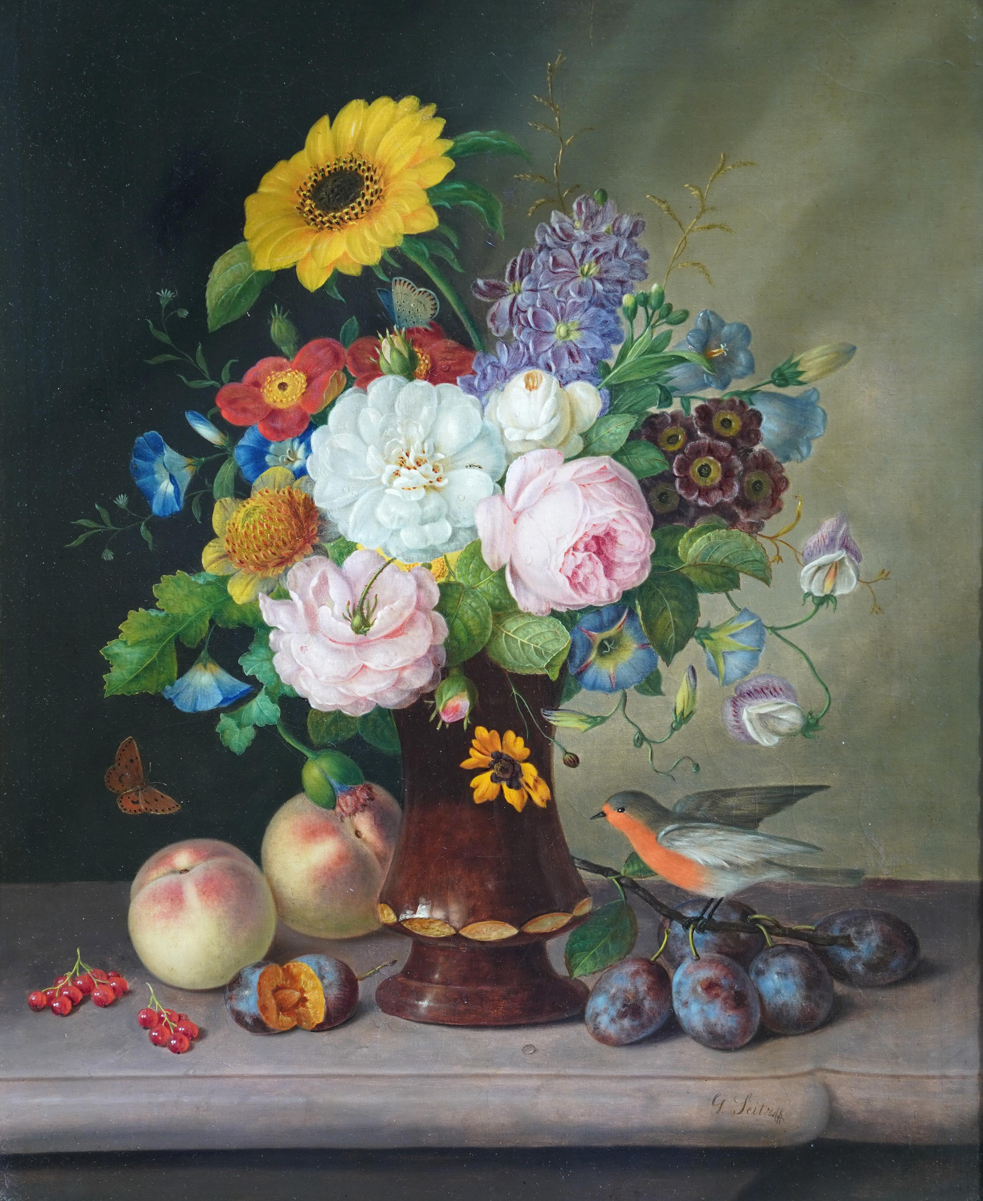 Floral Still Life with Robin - Austrian 19th century art flower oil painting - Painting by Johann Georg Seitz