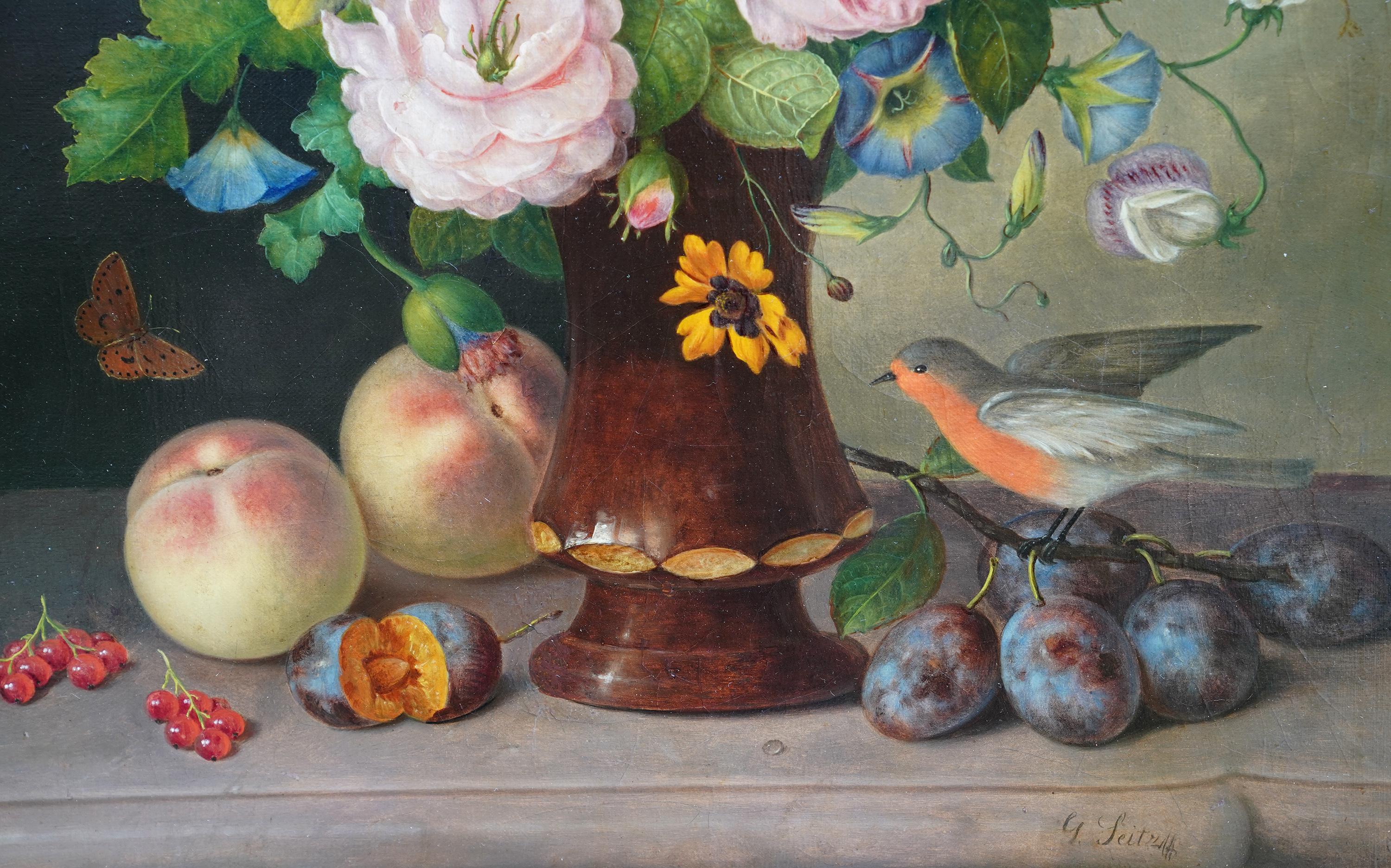 This beautiful 19th century floral still life oil painting is by noted German/Austrian artist Johnann Georg Seitz. Painted circa 1850 it is a mixed floral arrangement in a terracotta vase on a ledge. Around the base are several fruits, a copper