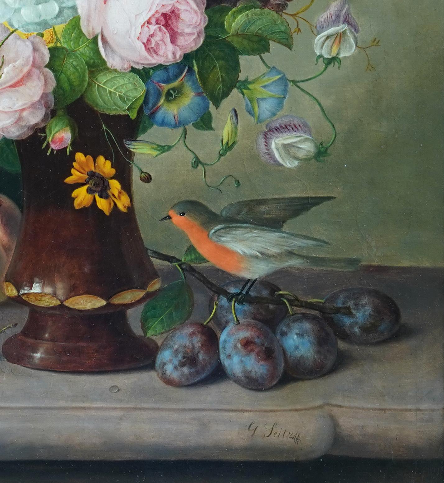 Floral Still Life with Robin - Austrian 19th century art flower oil painting For Sale 1