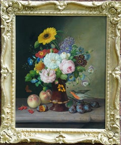 Antique Floral Still Life with Robin - Austrian 19th century art flower oil painting