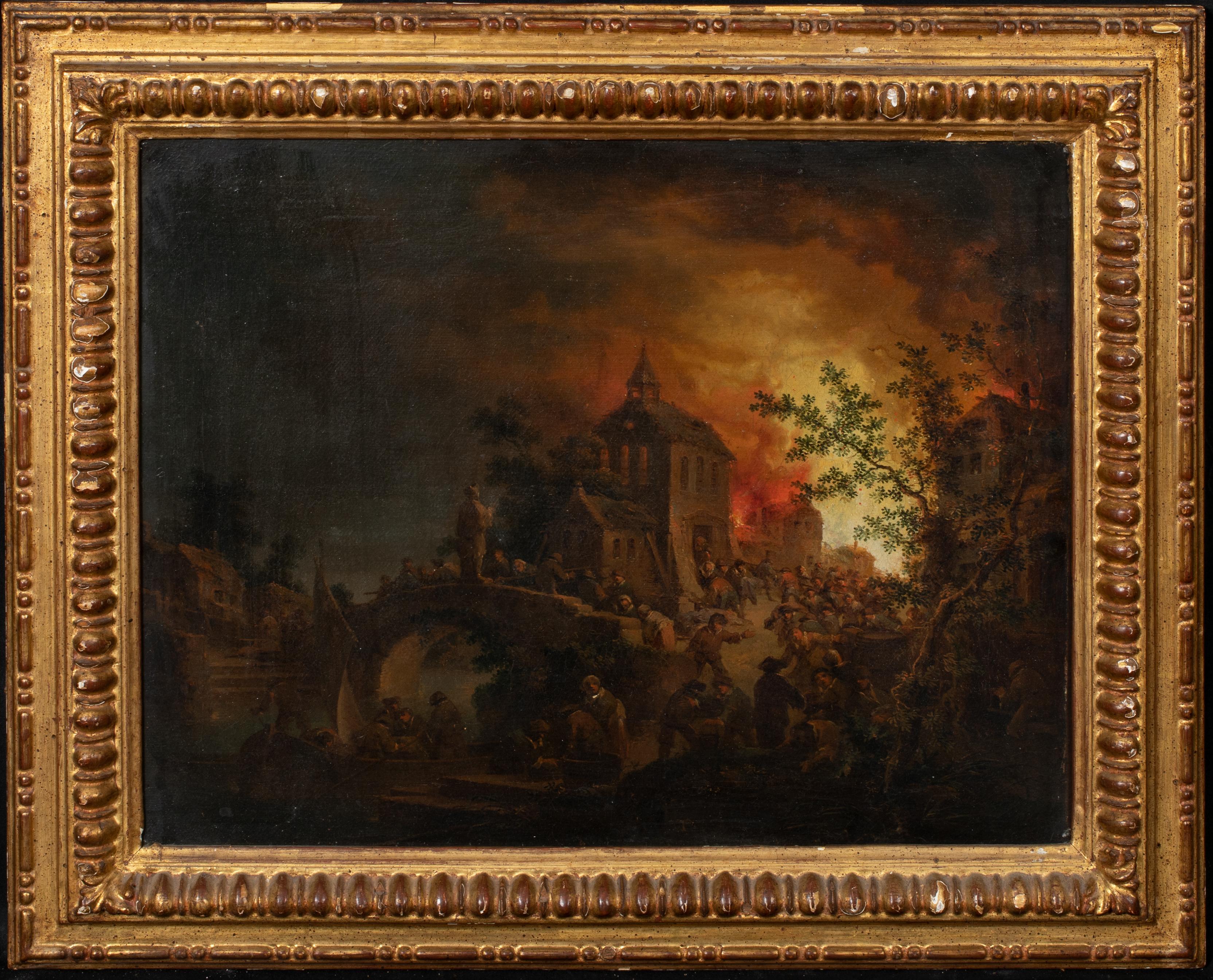 Villaggio che brucia di notte, 18° secolo - Painting di JOHANN GEORG TRAUTMANN