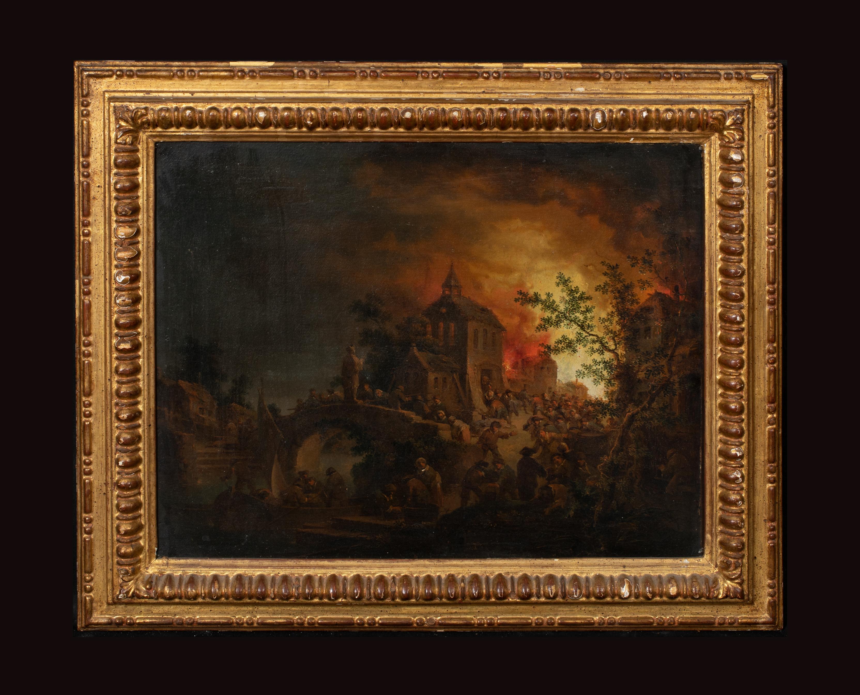 Villaggio che brucia di notte, 18° secolo - Landscape Painting Nero di JOHANN GEORG TRAUTMANN