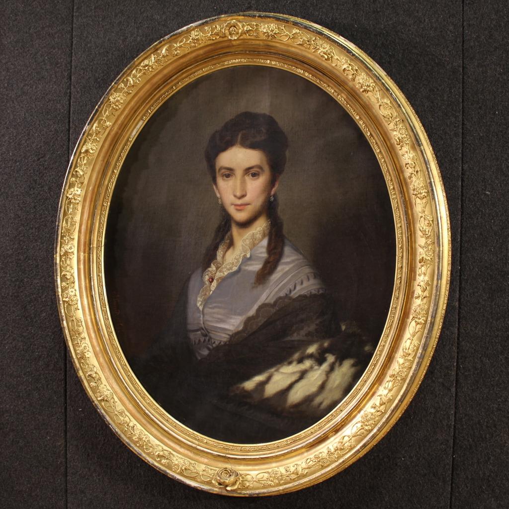 siglo XIX Óleo sobre Lienzo Firmado Pintura Ovalada Retrato de Dama Fechado en 1869 en venta 10