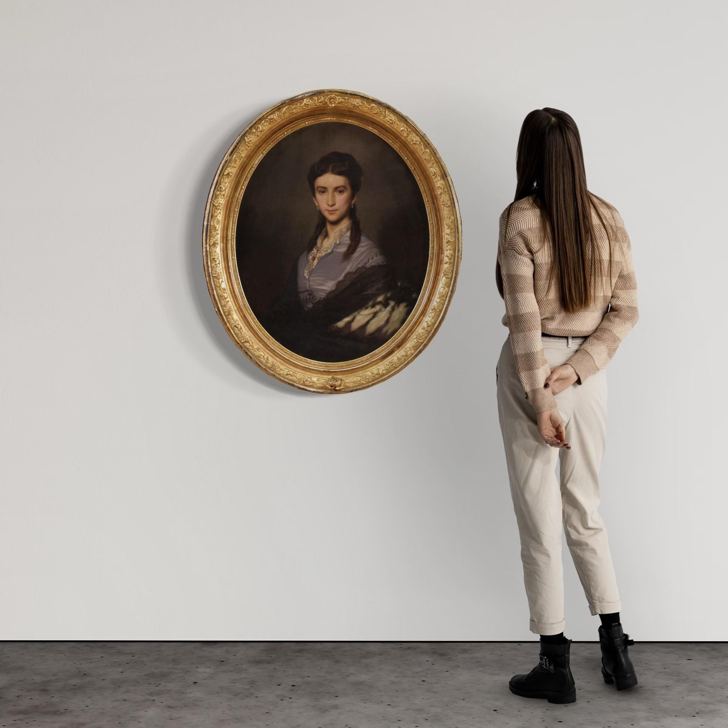 siglo XIX Óleo sobre Lienzo Firmado Pintura Ovalada Retrato de Dama Fechado en 1869 - Painting de Johann Grund