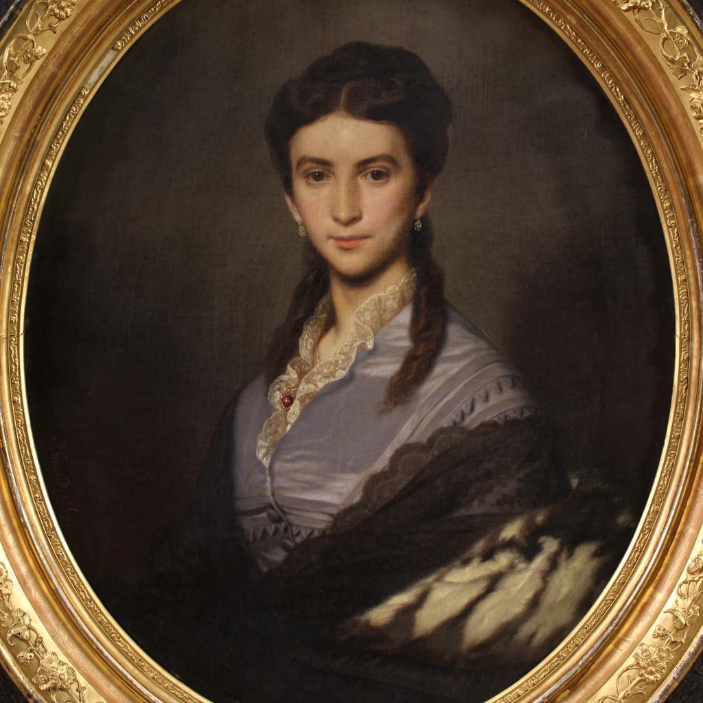 siglo XIX Óleo sobre Lienzo Firmado Pintura Ovalada Retrato de Dama Fechado en 1869 - Portrait Painting Black de Johann Grund