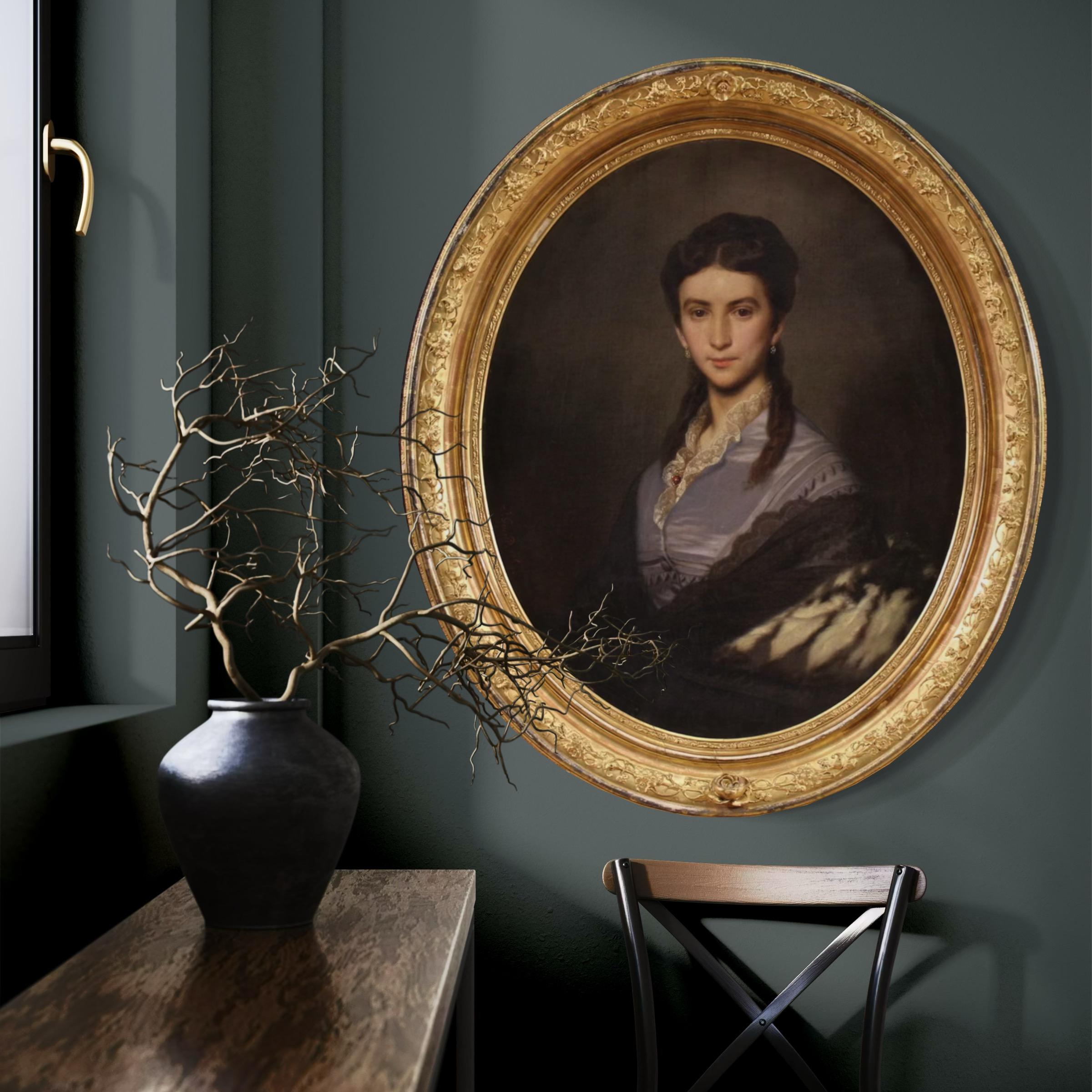 siglo XIX Óleo sobre Lienzo Firmado Pintura Ovalada Retrato de Dama Fechado en 1869 en venta 1