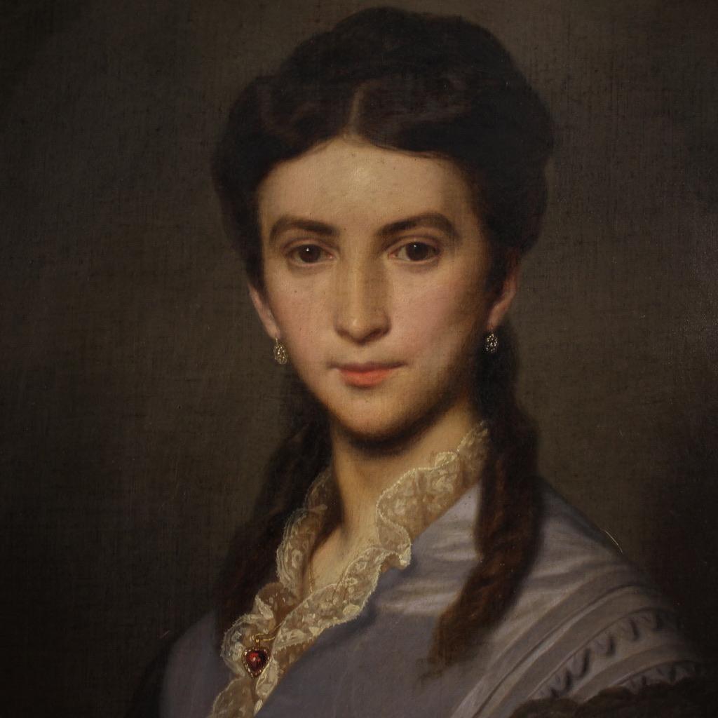 siglo XIX Óleo sobre Lienzo Firmado Pintura Ovalada Retrato de Dama Fechado en 1869 en venta 2