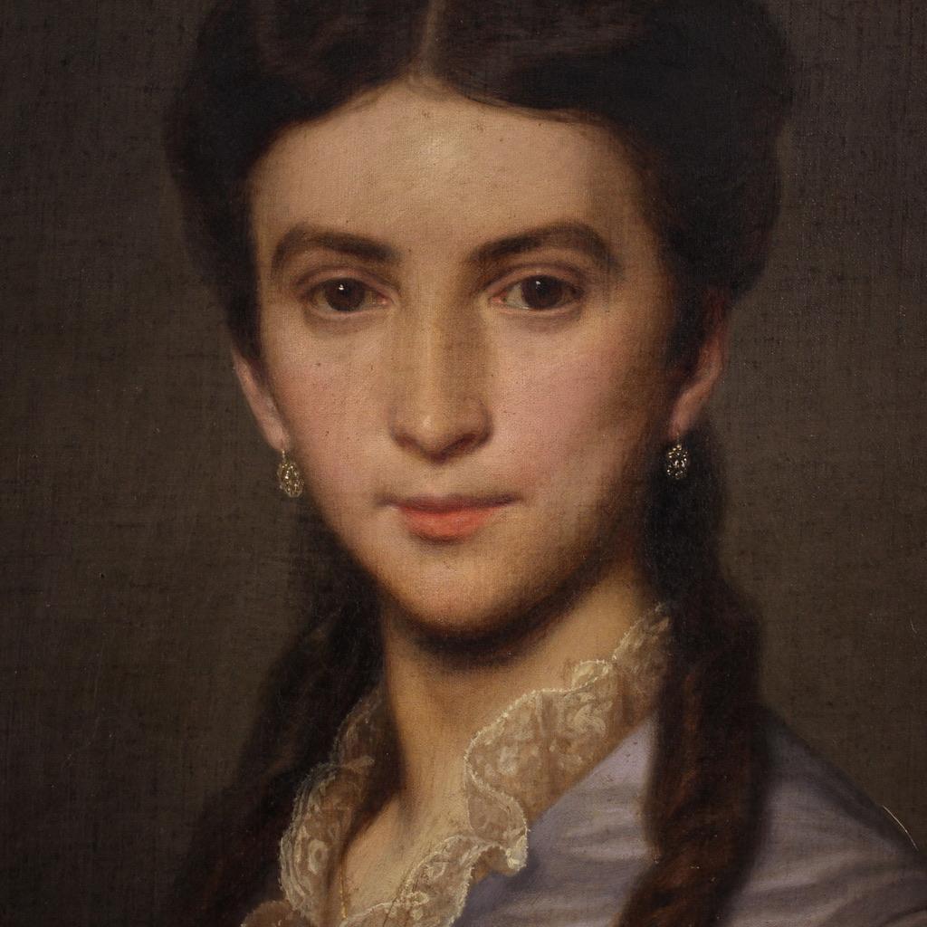 siglo XIX Óleo sobre Lienzo Firmado Pintura Ovalada Retrato de Dama Fechado en 1869 en venta 3