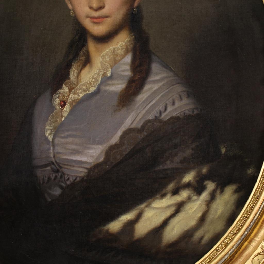 siglo XIX Óleo sobre Lienzo Firmado Pintura Ovalada Retrato de Dama Fechado en 1869 en venta 5