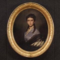 19th Century Oil on Canvas Signed Oval Painting Lady Portrait Dated 1869