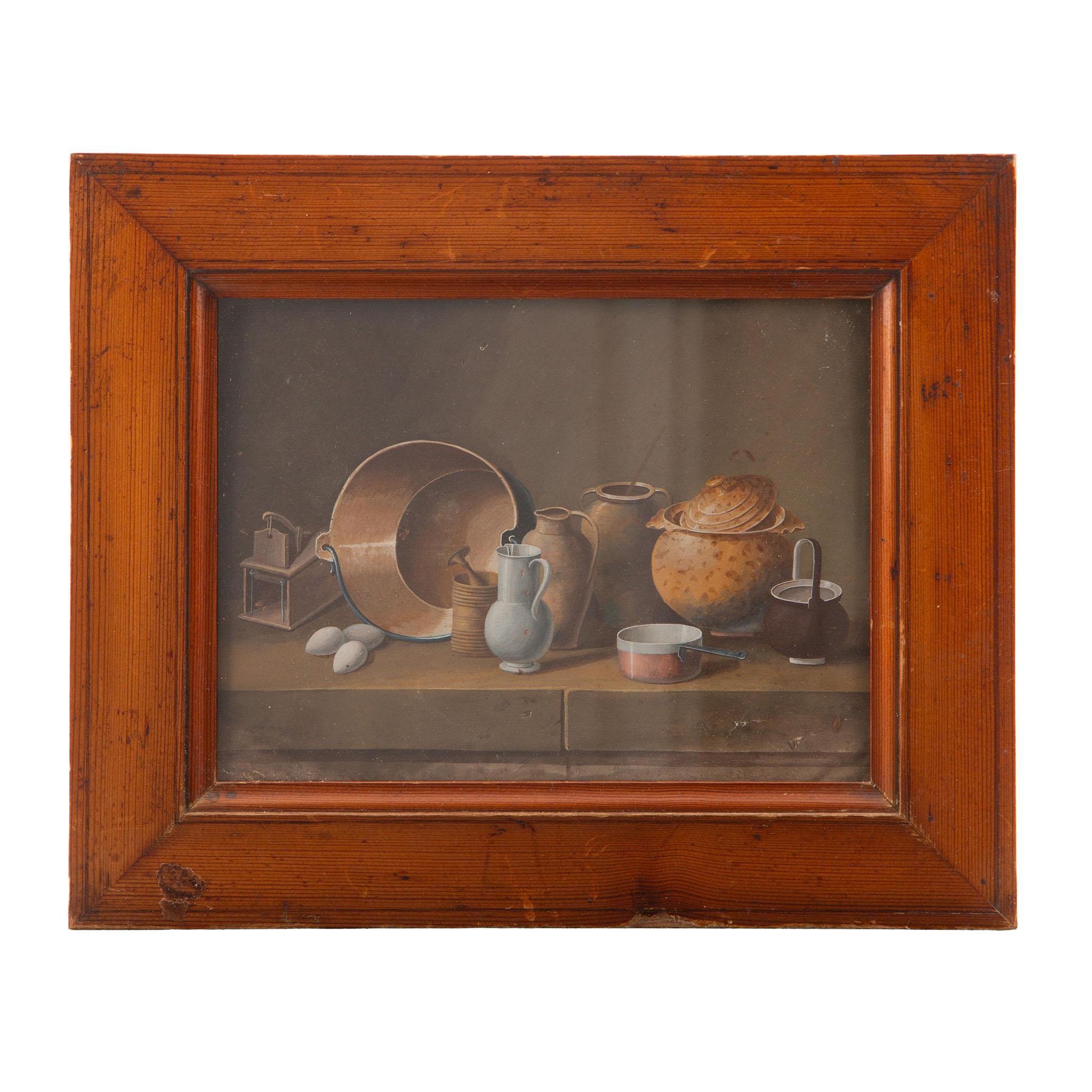 Wird Johann Heinrich Feyerabend (Deutscher, 1787-1845) zugeschrieben.
Küchenstillleben-Paar
Frühes 19. Jahrhundert, Gouache auf Papier
Ein seltenes Paar juwelenartiger Gouache-Stillleben, fein ausgeführt in der Art von Johann Heinrich Feyerabend,