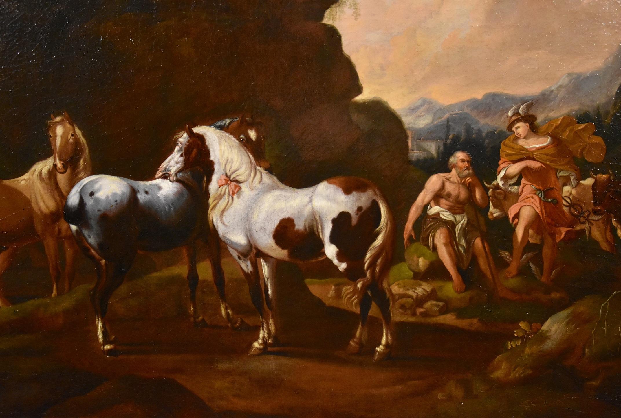 Peinture de cheval mercuré Roos Landscape Mythe Huile sur toile Grand maître 17ème siècle en vente 5
