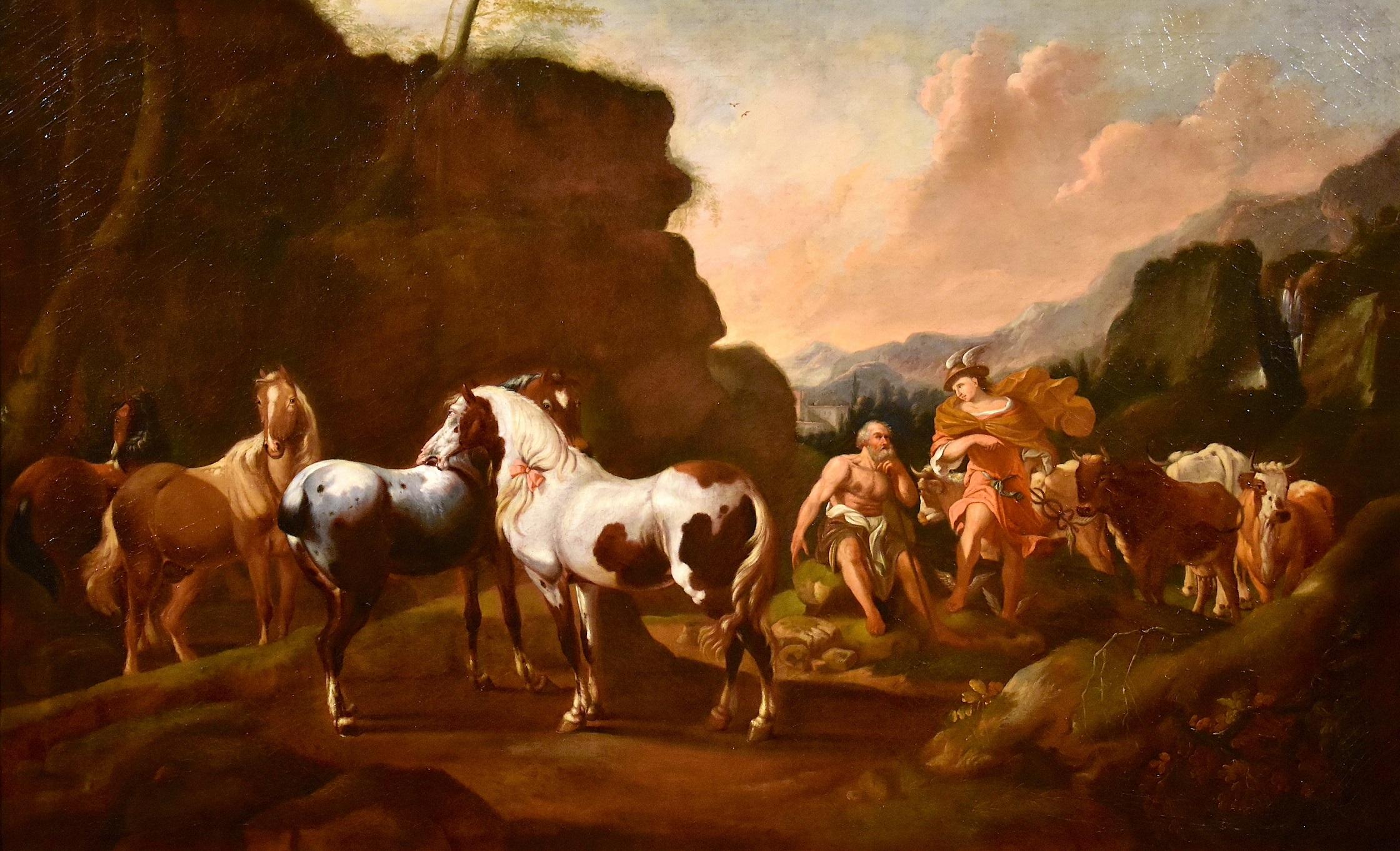 Peinture de cheval mercuré Roos Landscape Mythe Huile sur toile Grand maître 17ème siècle - Painting de Johann Heinrich Roos (Otterberg 1631 - Frankfurt 1685)