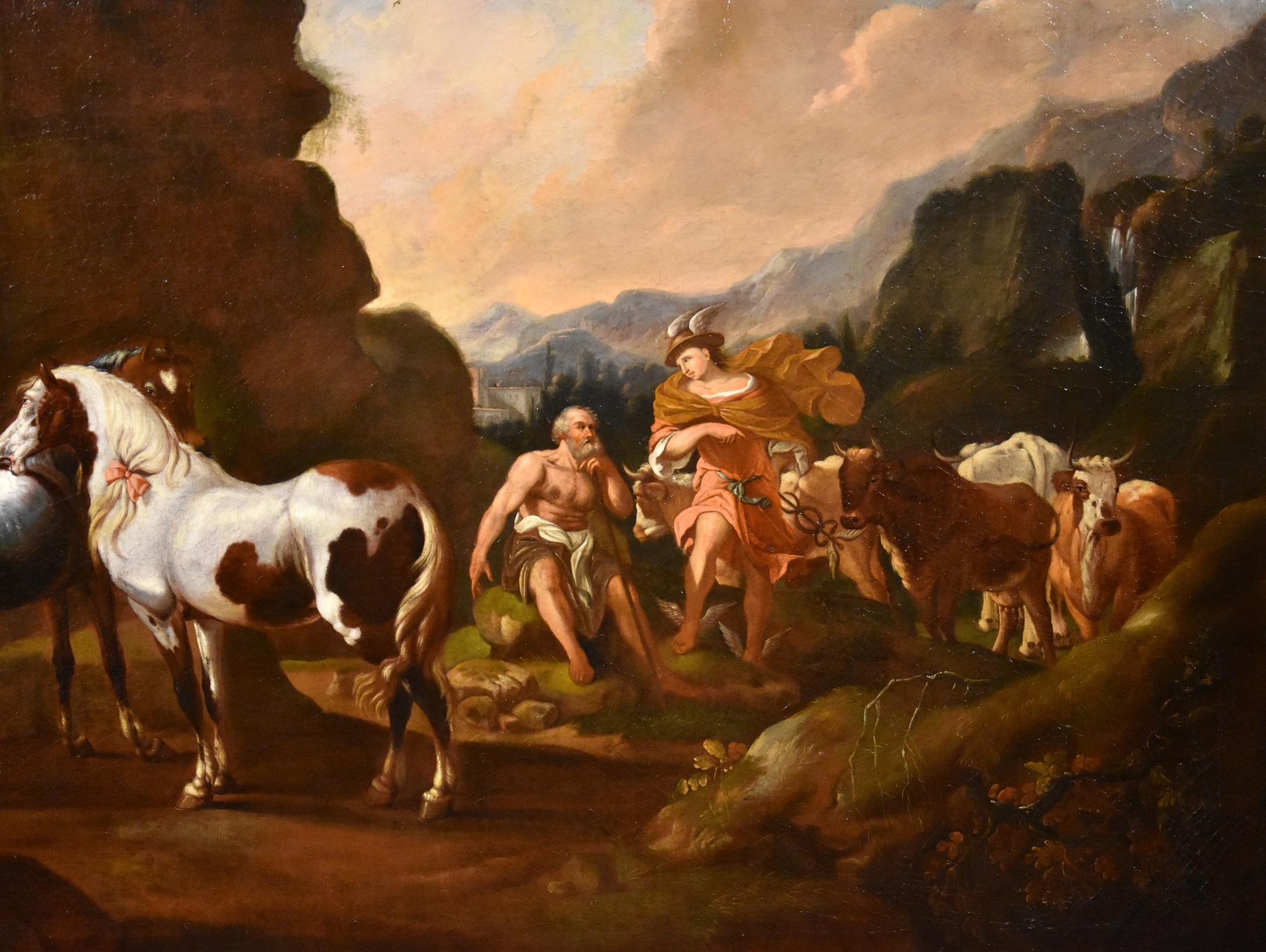 Peinture de cheval mercuré Roos Landscape Mythe Huile sur toile Grand maître 17ème siècle - Maîtres anciens Painting par Johann Heinrich Roos (Otterberg 1631 - Frankfurt 1685)