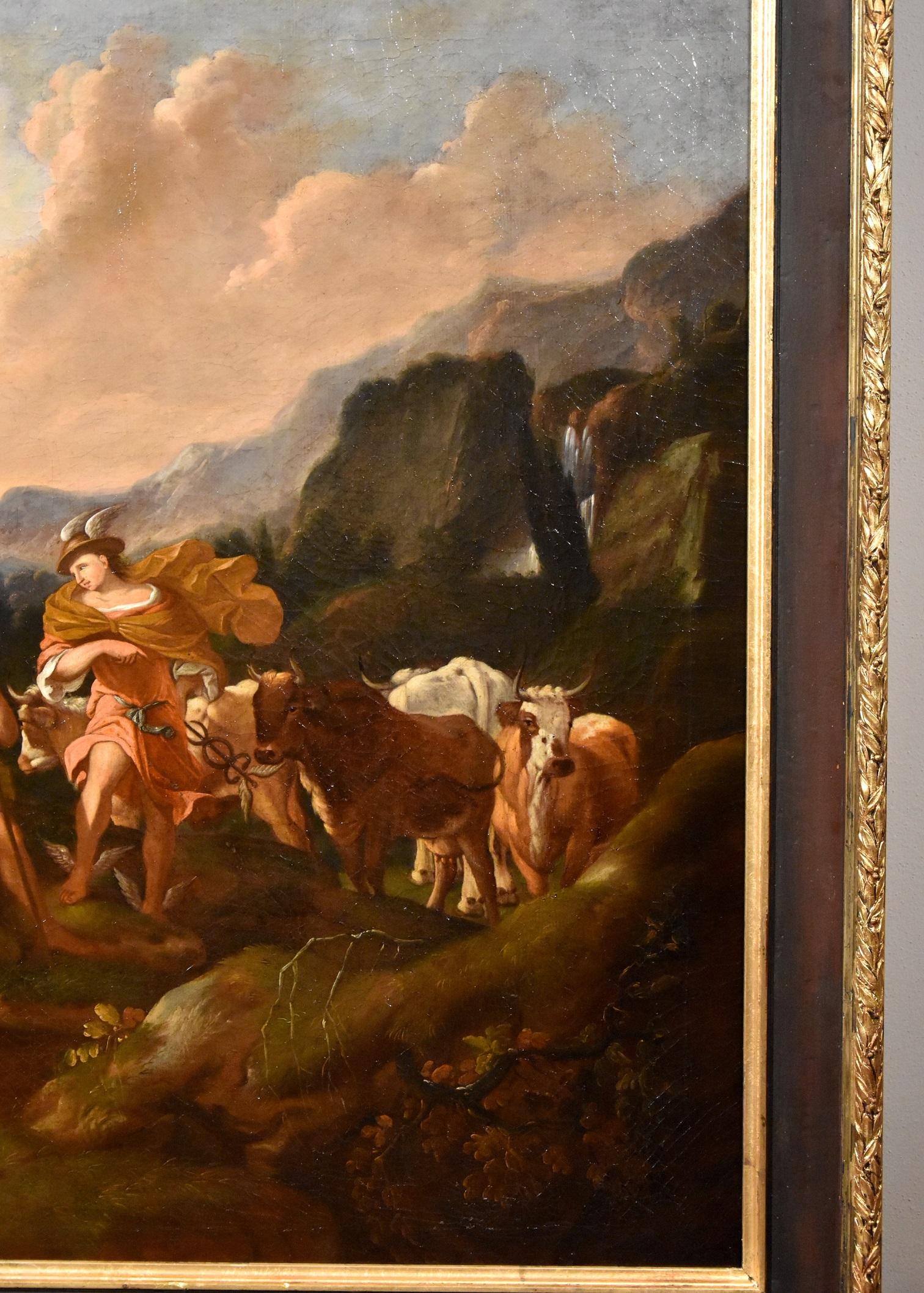 Peinture de cheval mercuré Roos Landscape Mythe Huile sur toile Grand maître 17ème siècle - Marron Landscape Painting par Johann Heinrich Roos (Otterberg 1631 - Frankfurt 1685)