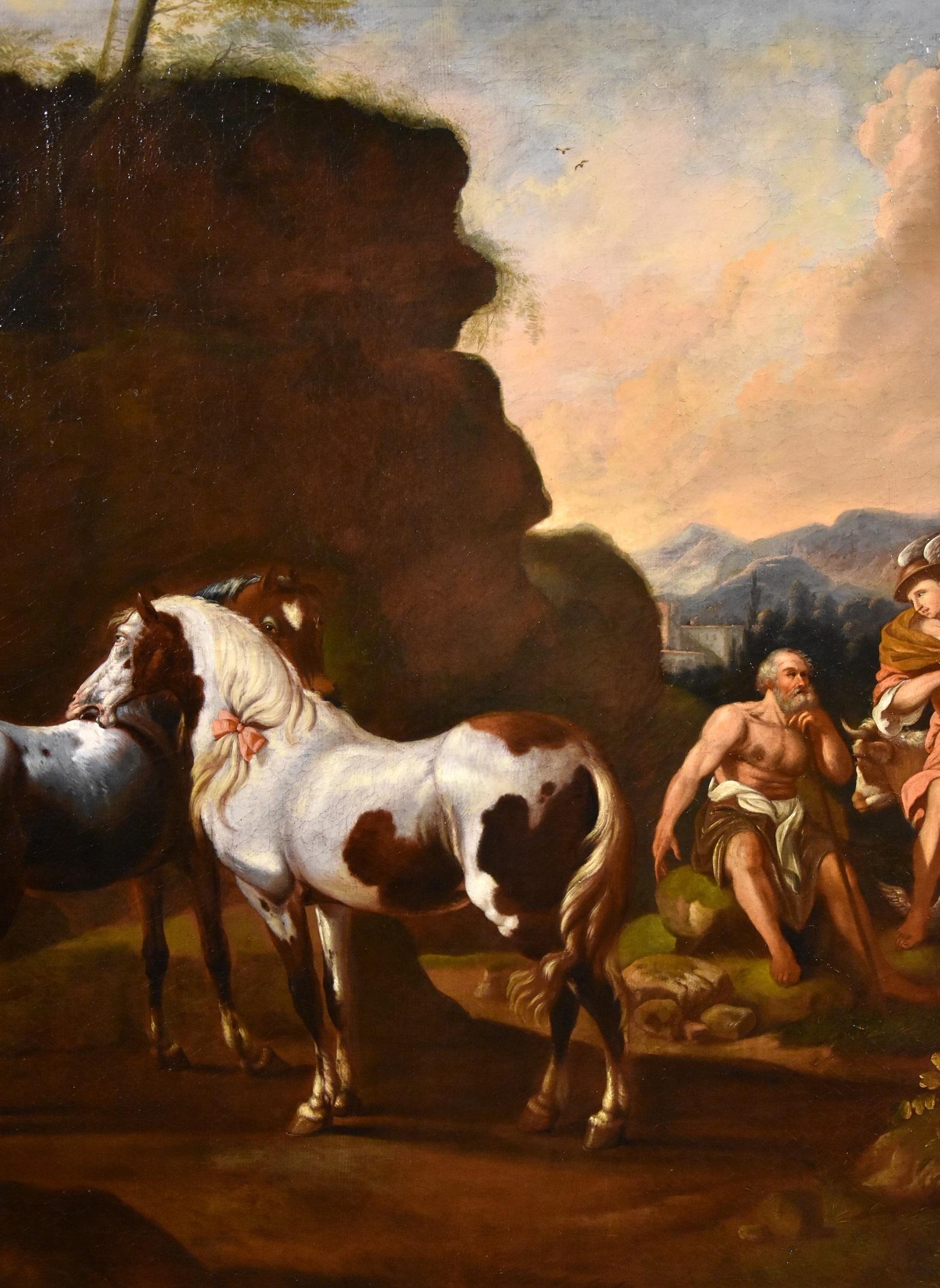Roos Landscape Myth Mercury Horse Paint Oil on canvas Old master 17th Century - Old Masters Painting by Johann Heinrich Roos (Otterberg 1631 - Frankfurt 1685)