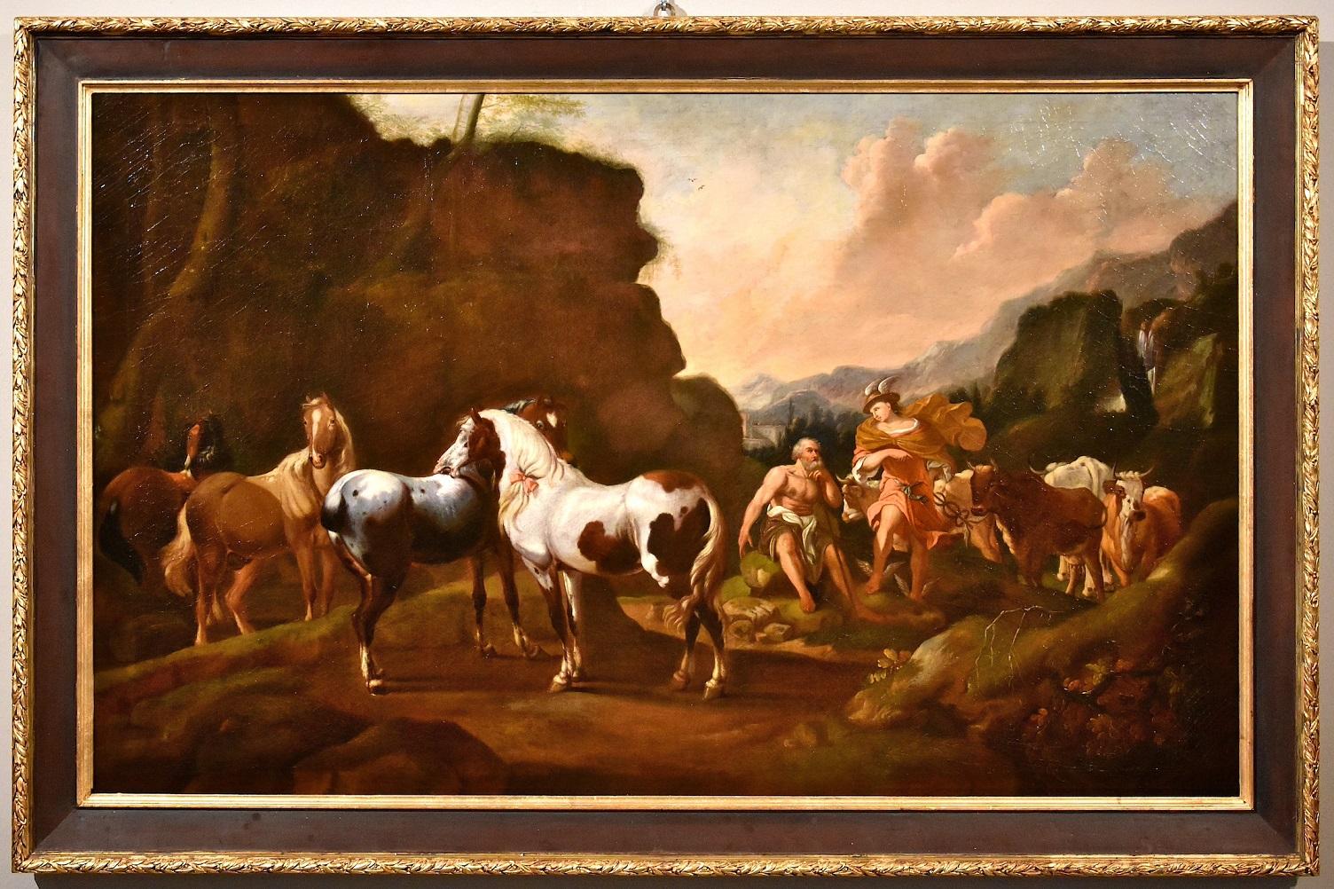 Johann Heinrich Roos (Otterberg 1631 - Frankfurt 1685) Landscape Painting - Roos Landscape Myth Mercury Horse Paint Oil on canvas Old master 17th Century