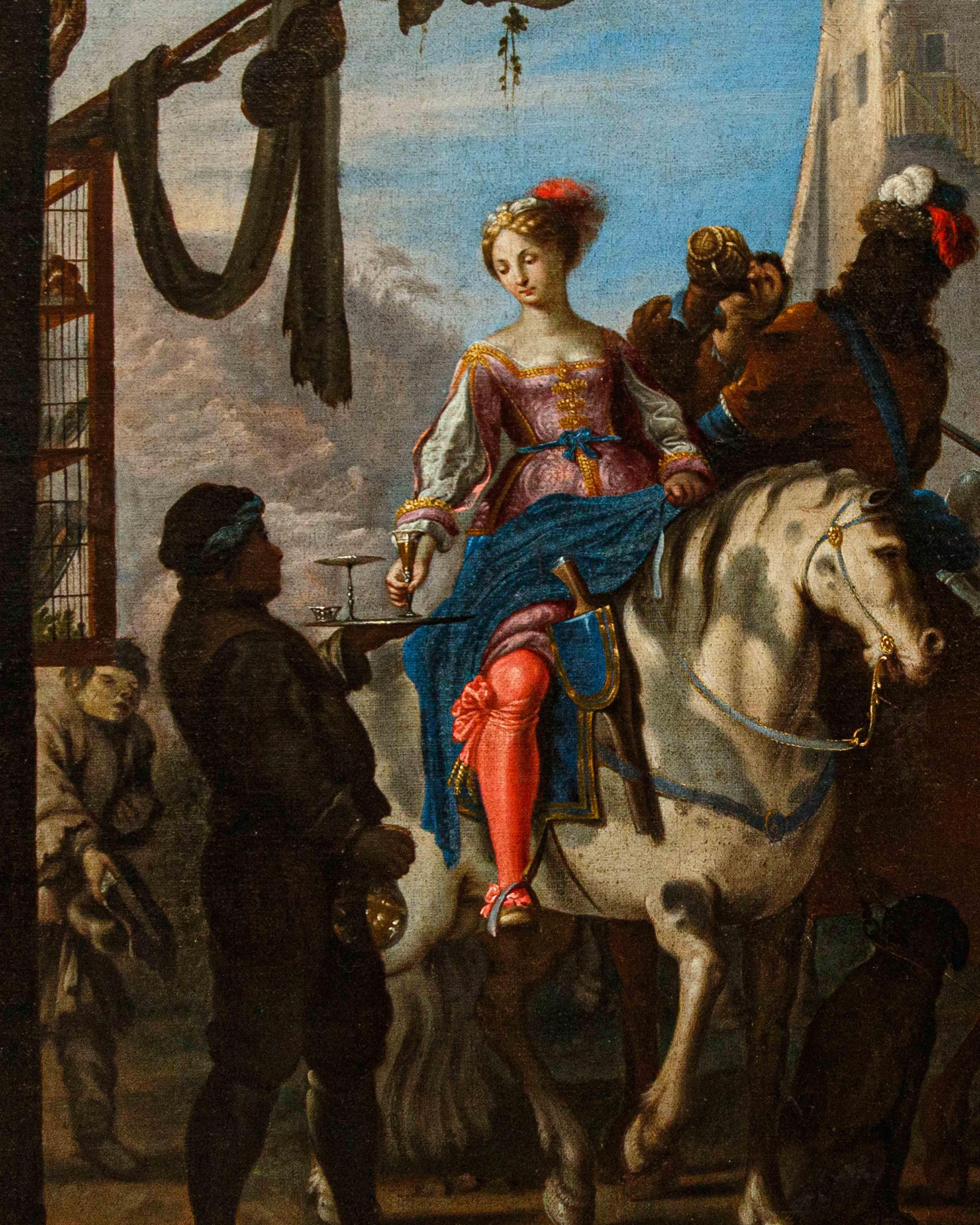 Johann Heinrich Schönfeld (Biberach an der Riß, March 23, 1609 - Augsburg, 1684) (attr.)

Gentlewoman on horseback at a tavern and Dice players

(2) Oil on canvas, 98 x 74.5 cm

Johann Heinrich Schönfeld (Biberach an der Riß, March 23, 1609 -