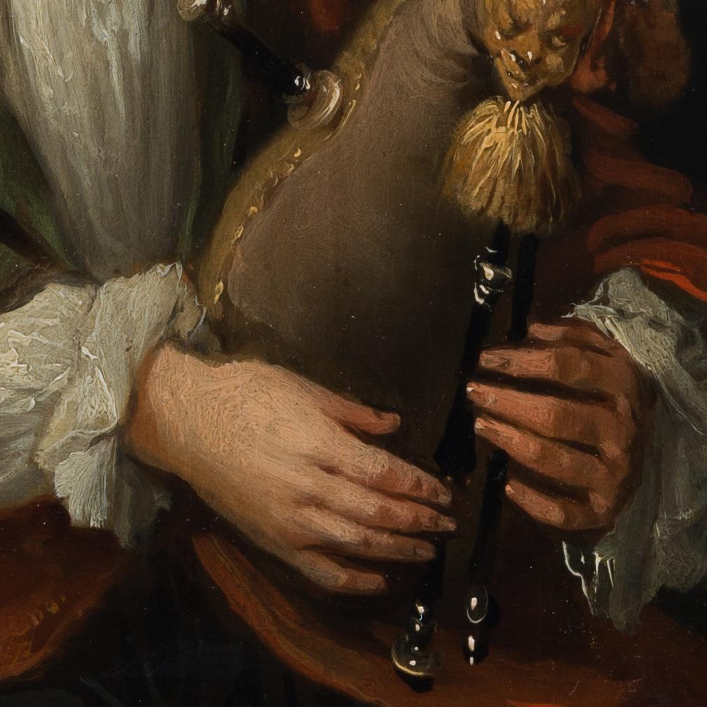 Porträt eines jungen Mannes mit Bagpipes, Anhänger von J.H. Tischbein der Ältere (Braun), Figurative Painting, von Johann Heinrich Tischbein the Elder