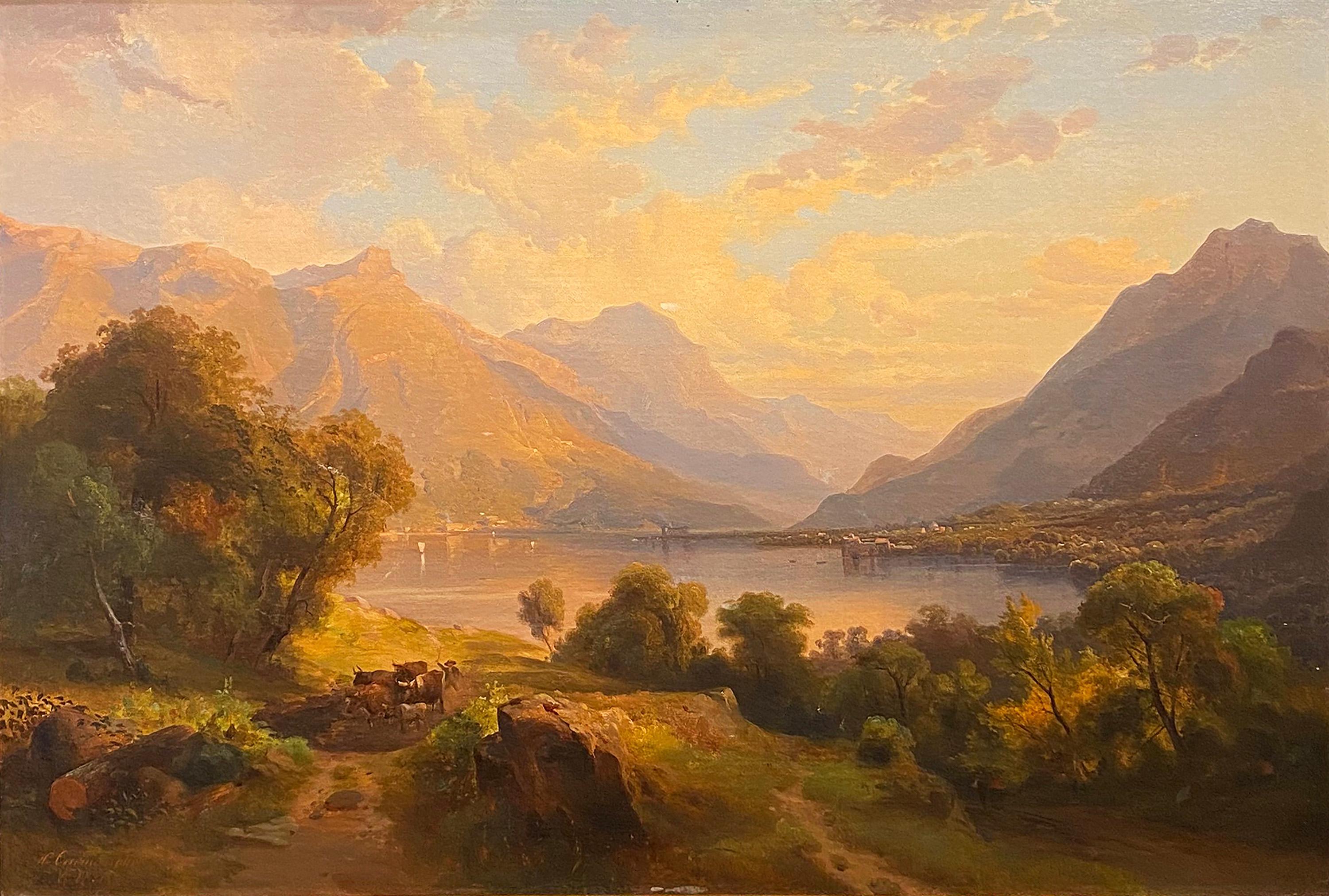 Johann Hermann Carmiencke Landscape Painting - Sunset Along the River