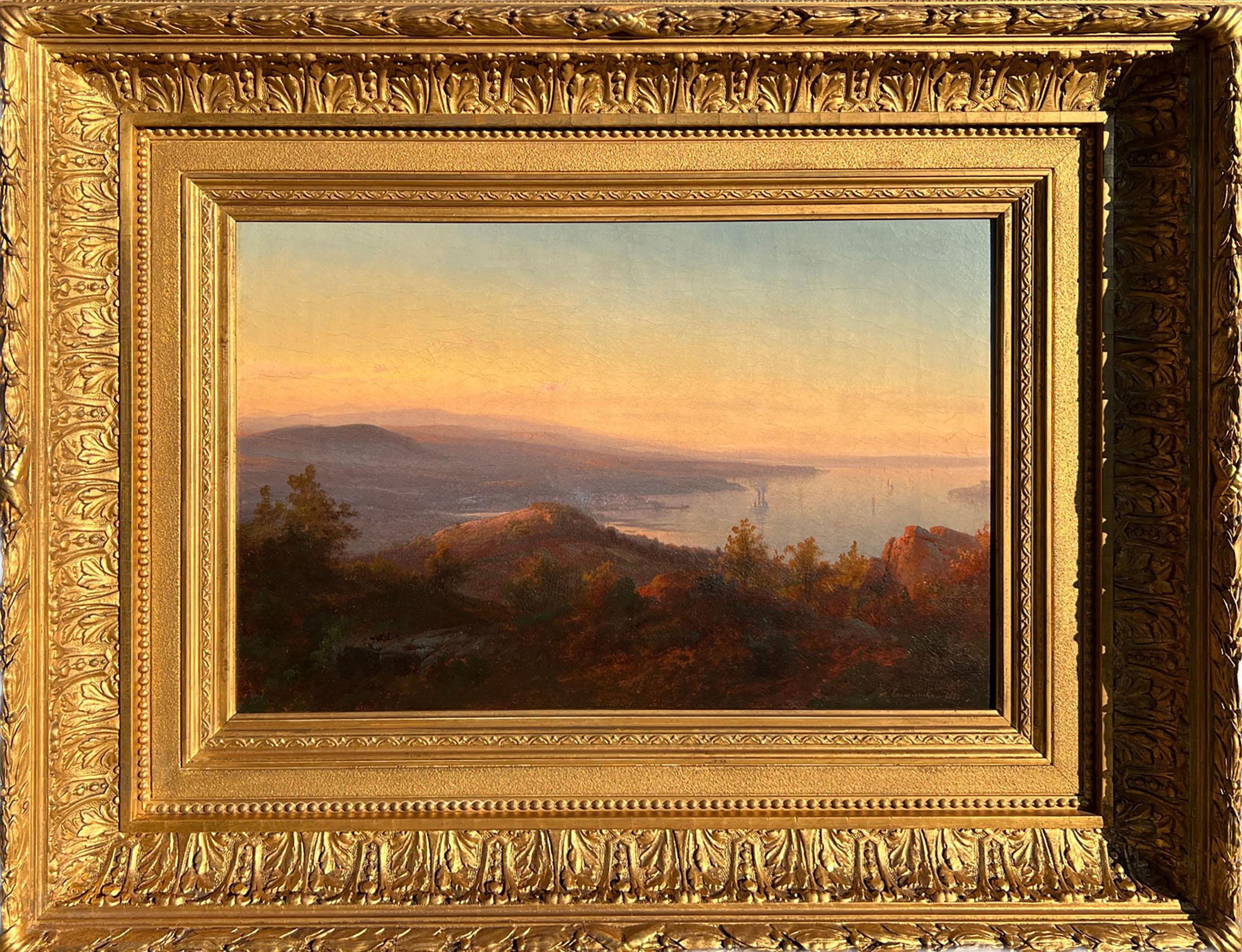 Painted by Hudson River School artist Johann Hermann Carmiencke, "Hudson River Landscape" 1865 is oil on canvas, measures 12 x 18 inches, and is signed and dated 1865 at the lower right. The work is framed in an elegant, period appropriate frame and