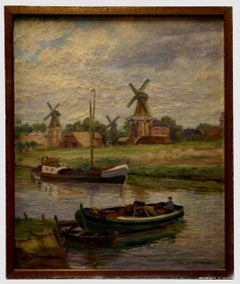 Johann Hermann ter Hell – Dutch Windmills and Barges, Oil on Canvas