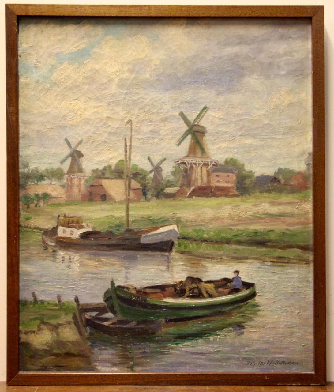 Johann Hermann ter Hell - Holländische Windmühlen und Lastkähne, Öl auf Leinwand im Angebot 2