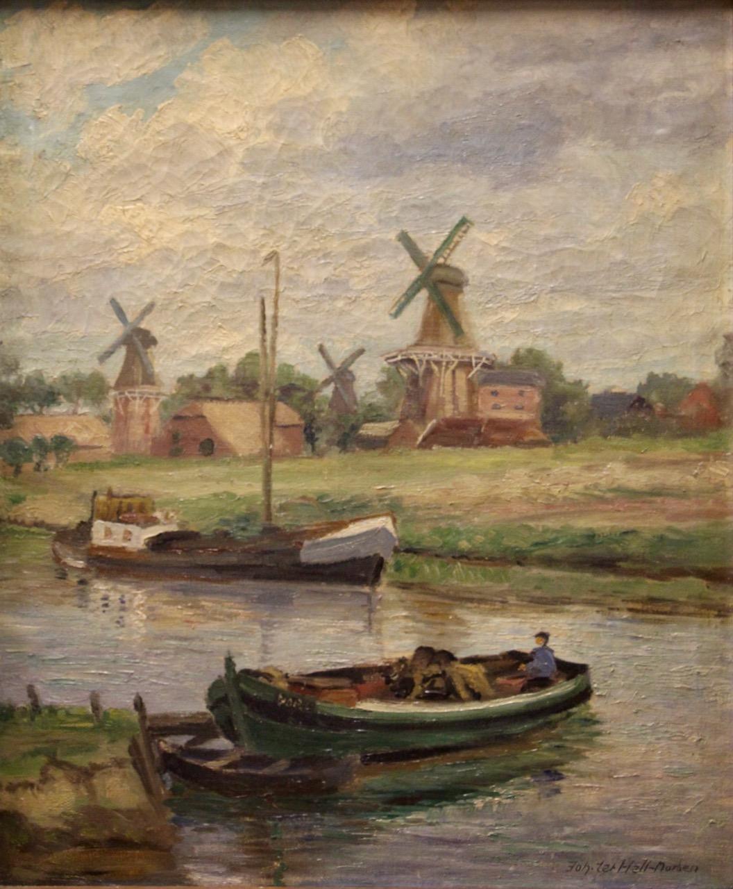 Johann Hermann ter Hell - Holländische Windmühlen und Lastkähne, Öl auf Leinwand