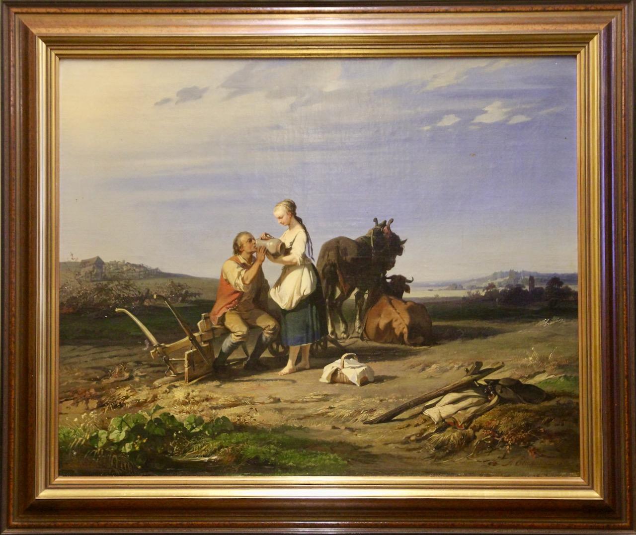 Johann Jakob Eberhardt, 1850, museum-quality painting, oil on canvas, a break from harvesting.

High quality decorative oil painting. Signed and dated lower right, as well as on the back. 