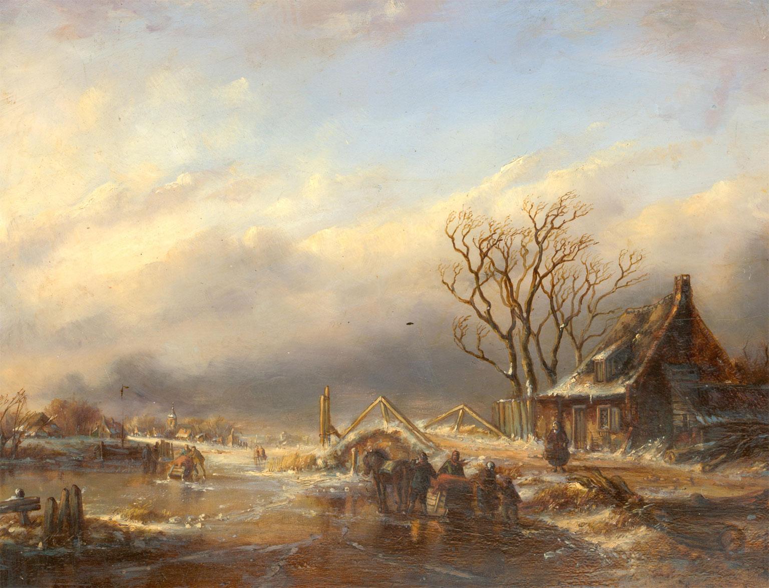 A very fine early 19th century oil depicting a Dutch winter landscape with a frozen lake and snow covered path. Figures gather around a horse and sled, balancing on the ice, while a small village can be picked out in the distance.

Known for their